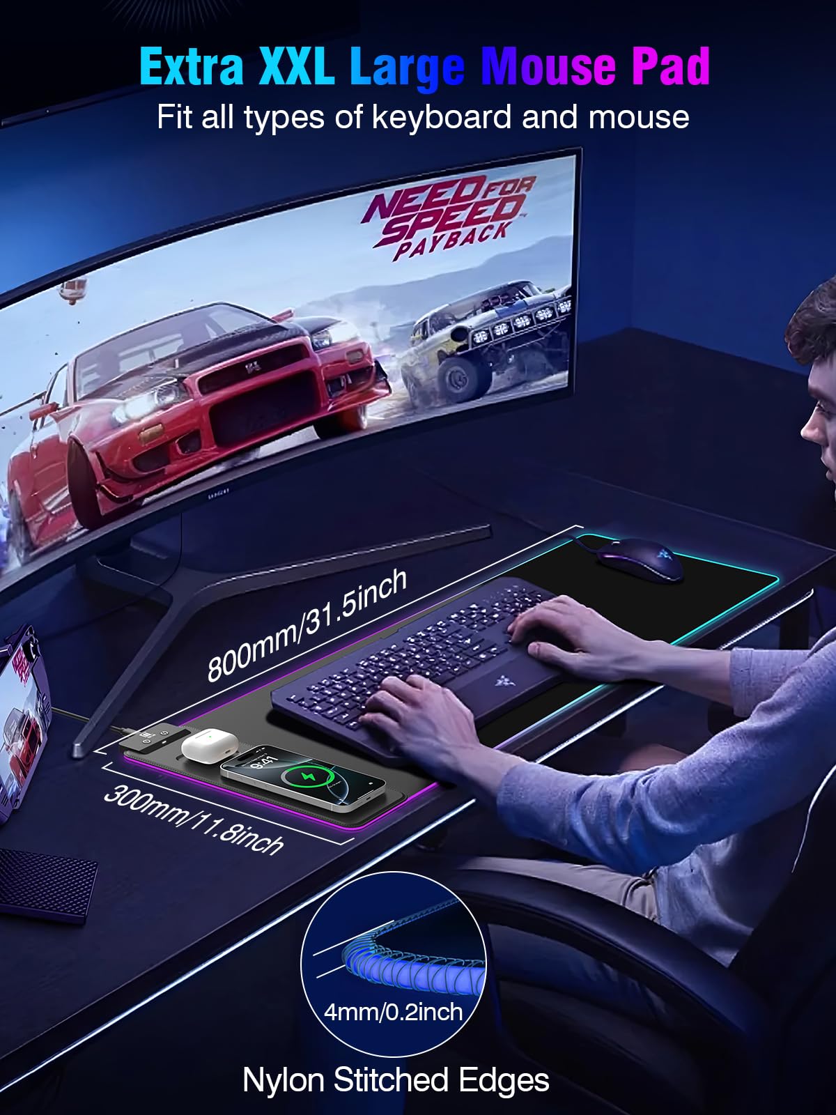 Mouse Pad with Magnetic Wireless Charging, Large Desk Pad Protector, RGB Black Mousepad Desk Mat with 15W Fast Charger, 4mm Thick Non-Slip, Waterproof Laptop Writing Pad for Office, Home, Gaming