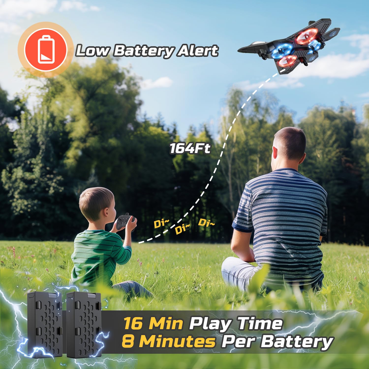 Foam RC Airplane Drone for Kids, Remote Control Helicopter, Toy Plane Fighter Jet with LED Light, Auto Hover, 360°Flip, 2 Batteries (16 Mins Flight), Easy to Fly for Beginners
