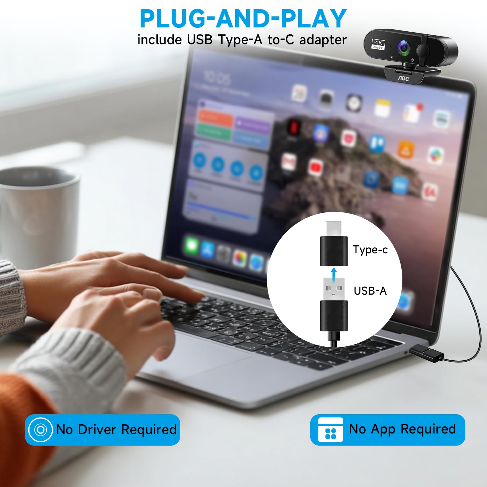 Веб-камера AOC 4k для ПК с микрофоном, компьютерная камера с шумоподавлением, защитная шторка, угол обзора 99°, веб-камера Plug & Play USB для стриминга, конференций, Zoom, Skype, Facetime, ноутбука, ПК, Skype