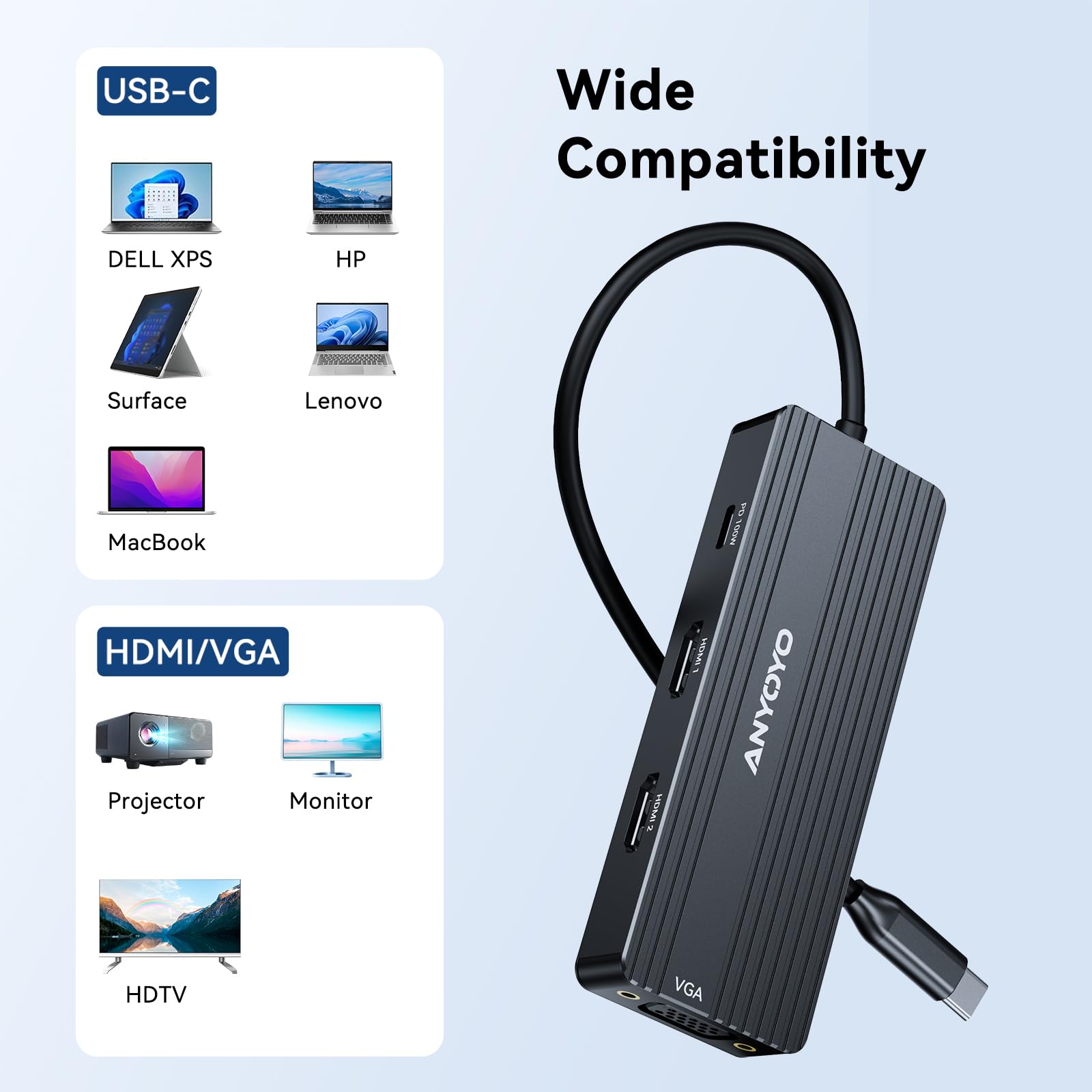 ANYOYO USB C Docking Station Dual HDMI Monitor Adapter 8-in-1 USB C HUB 3 Monitors Adapter with 4K HDMI +VGA +PD100W+Audio Laptop Docking Station for Dell/Lenovo/HP/Samsung/ASUS (Black)