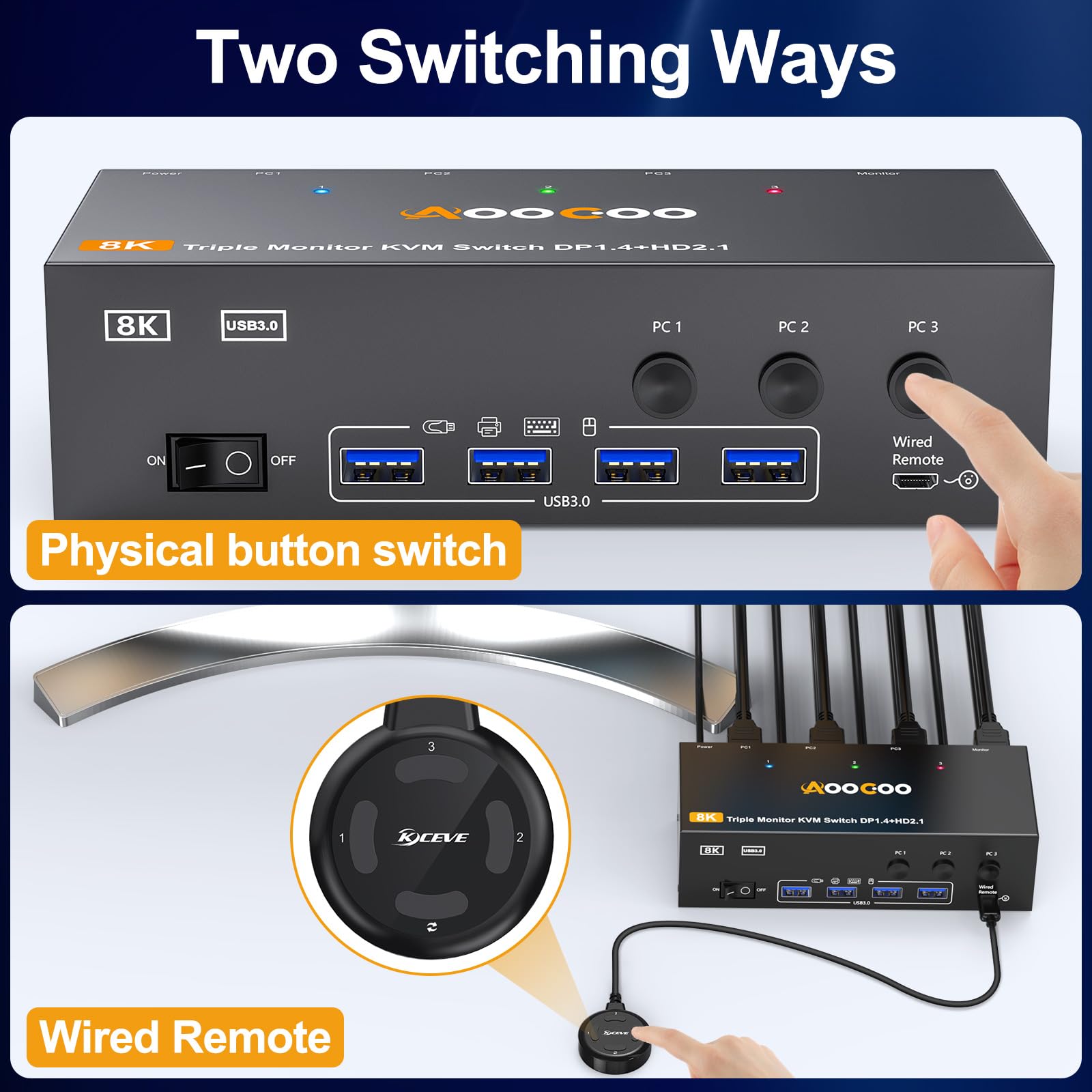 Conmutador KVM para tres monitores 8K60Hz AO-303DH-US-4