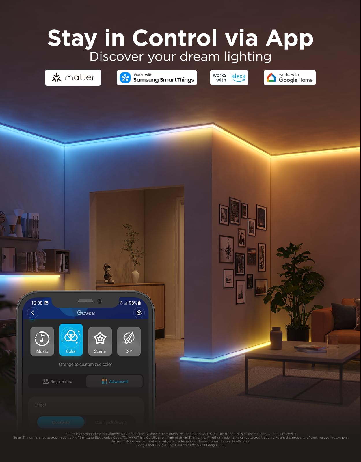 Smart RGBIC LED Strip Lights with Covers 32.8ft