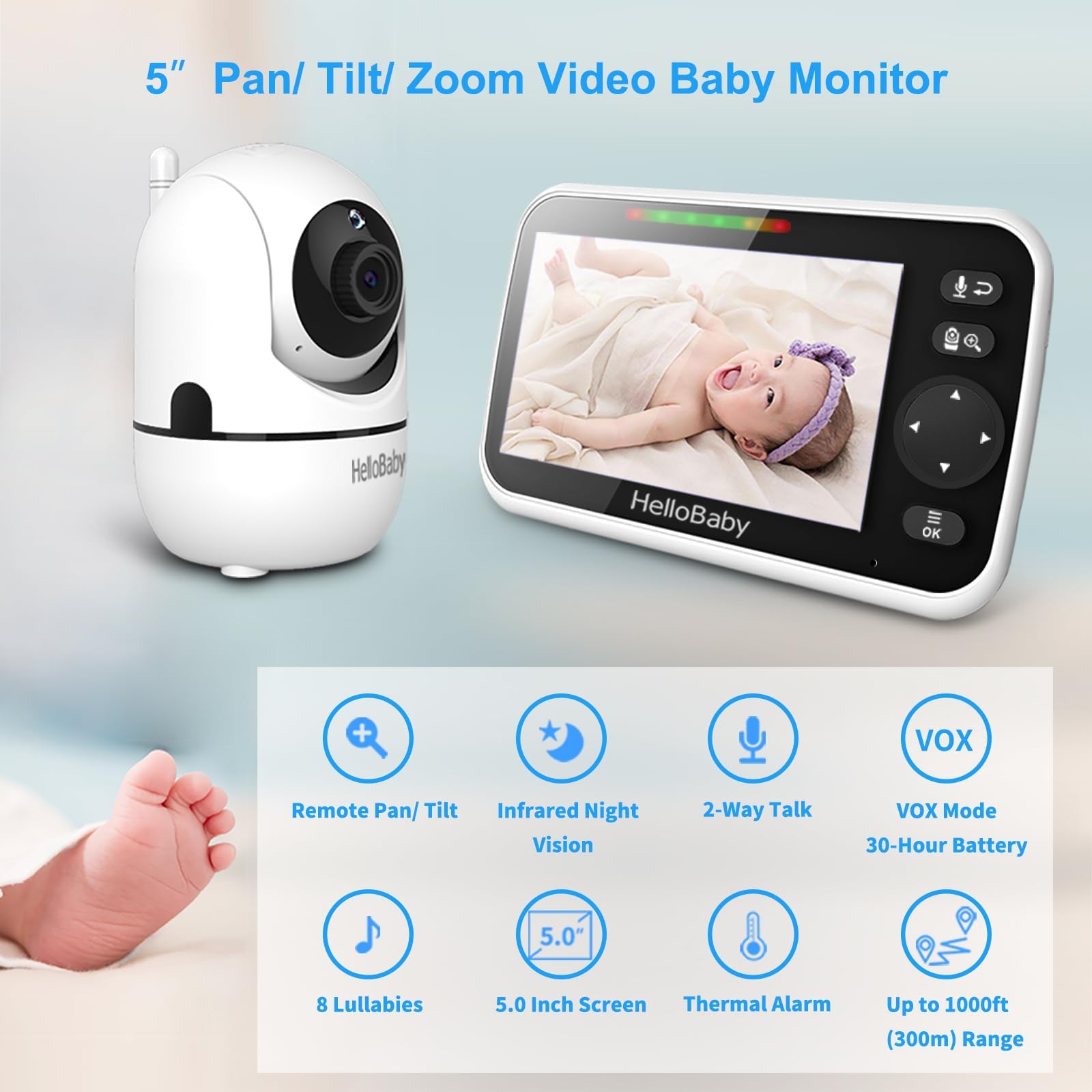 WiFi Olmayan Körpə Monitoru 5" Ekran Pan-Tilt-Zoom Kamera ilə