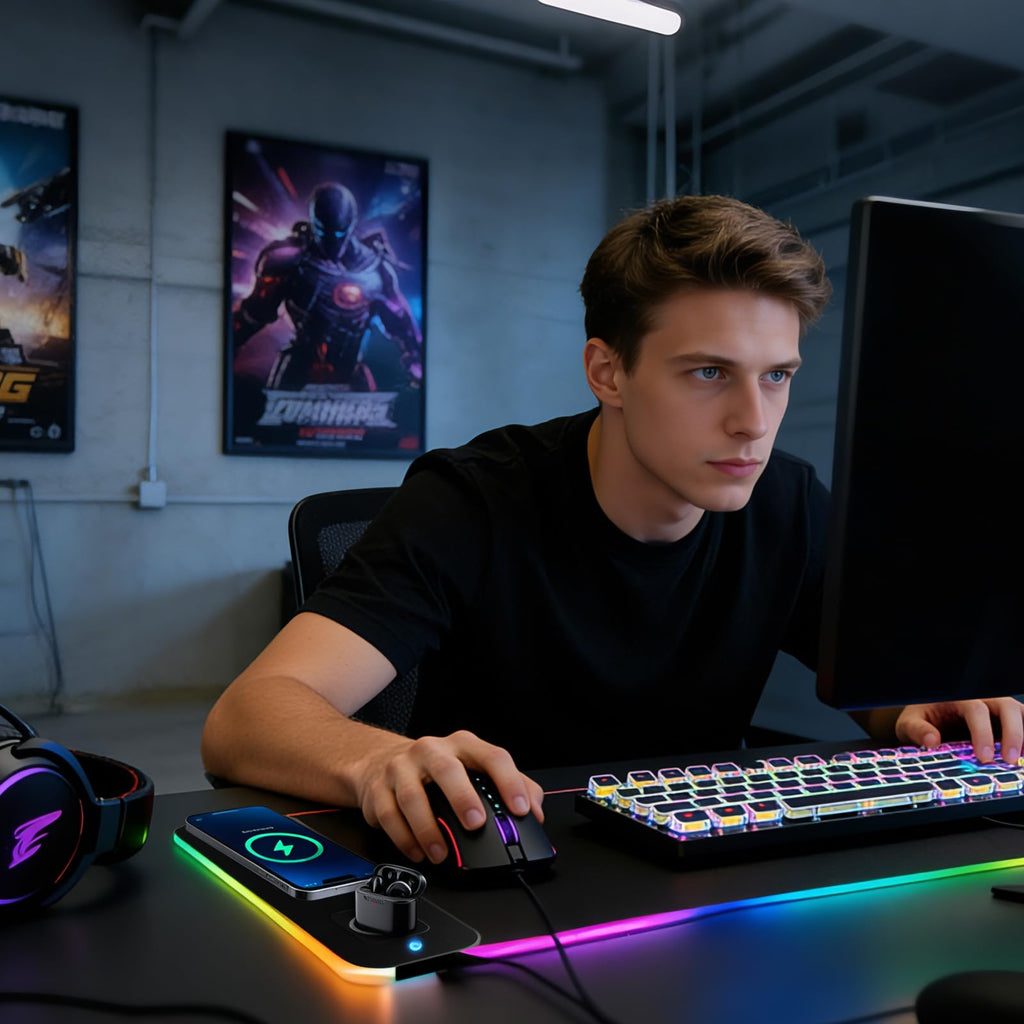 Коврик для мыши obvade XXL RGB, черный, для гейминга, большой коврик для стола, подставки под мышь для стола с быстрой беспроводной зарядкой 15 Вт и держателем для телефона, 11 режимов светодиодной подсветки, водонепроницаемый коврик, нескользящая основа