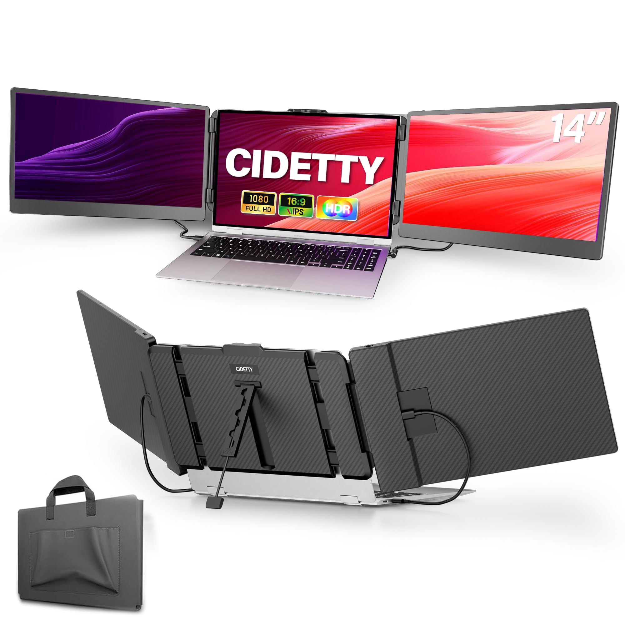 CIDETTY Laptop Screen Extender, 14'' FHD 1080P IPS Ultra-Thin Dual/Triple Monitor Display, HDMI/USB-C Plug-Play Portable Monitor for Laptop, Built-in Speakers(Mac, Win, Android)