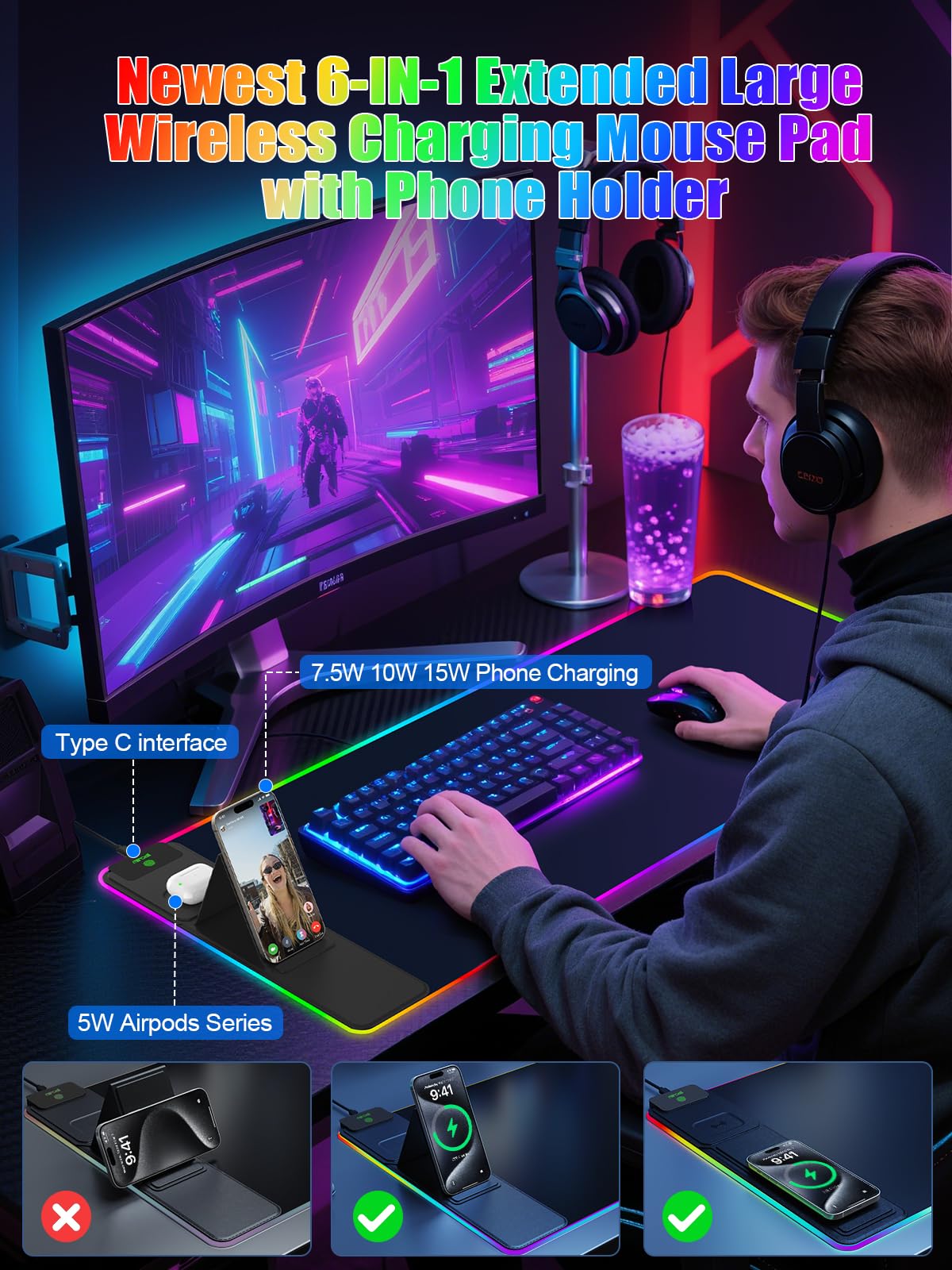 XXL RGB Gaming Mouse Pad 31.5"x15.8" Wireless Charger Phone