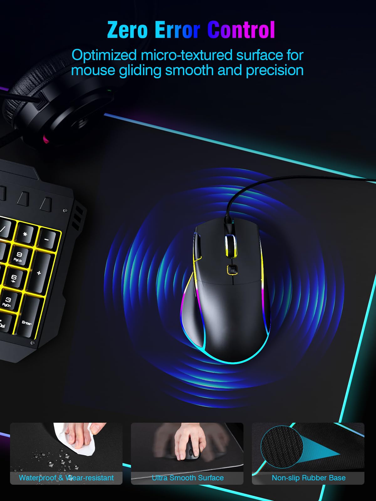 Mouse Pad with Magnetic Wireless Charging, Large Desk Pad Protector, RGB Black Mousepad Desk Mat with 15W Fast Charger, 4mm Thick Non-Slip, Waterproof Laptop Writing Pad for Office, Home, Gaming