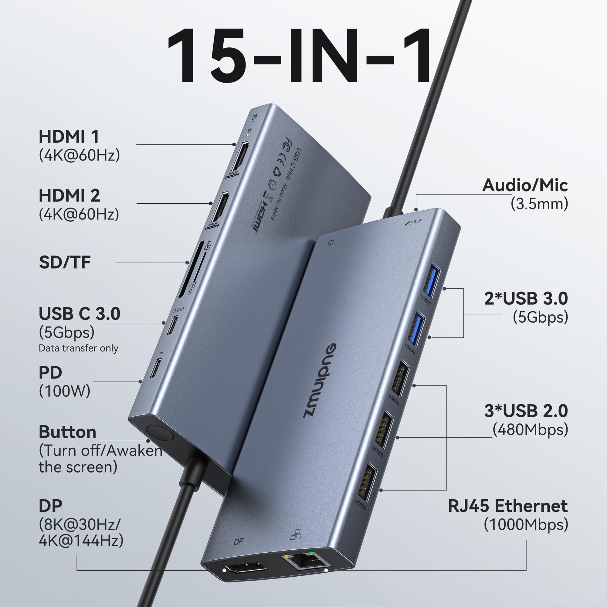 Estación de acoplamiento USB-C 15 en 1 2 HDMI