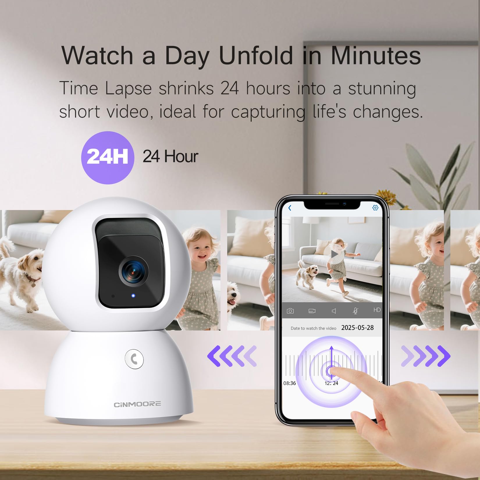 CINMOORE 5G Security Camera Indoor, 3K Pet/Dog Camera with Speaker/Phone App, PTZ WiFi Baby Monitor Cameras for Home Security, 0-Glow Night Vision 2-Way Talk, AI Tracking Facial Recognition Time Lapse