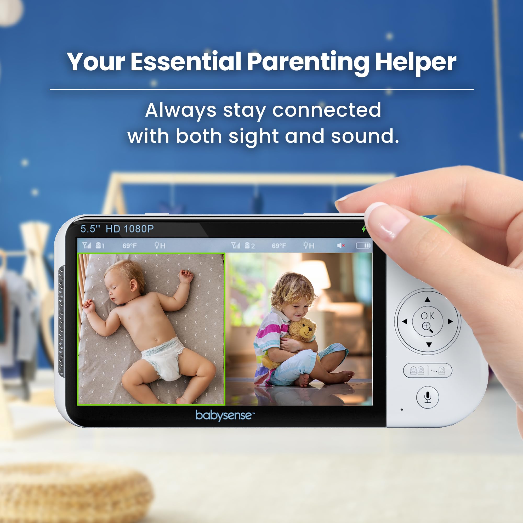 Babysense PRO Full HD 5.5" Split Screen Baby Monitor with 2 Cameras, 6-Color Night Light, White Noise, Sound & Light Machine, 20-Hour Battery, Hack-Proof Non-WiFi Secure Connection