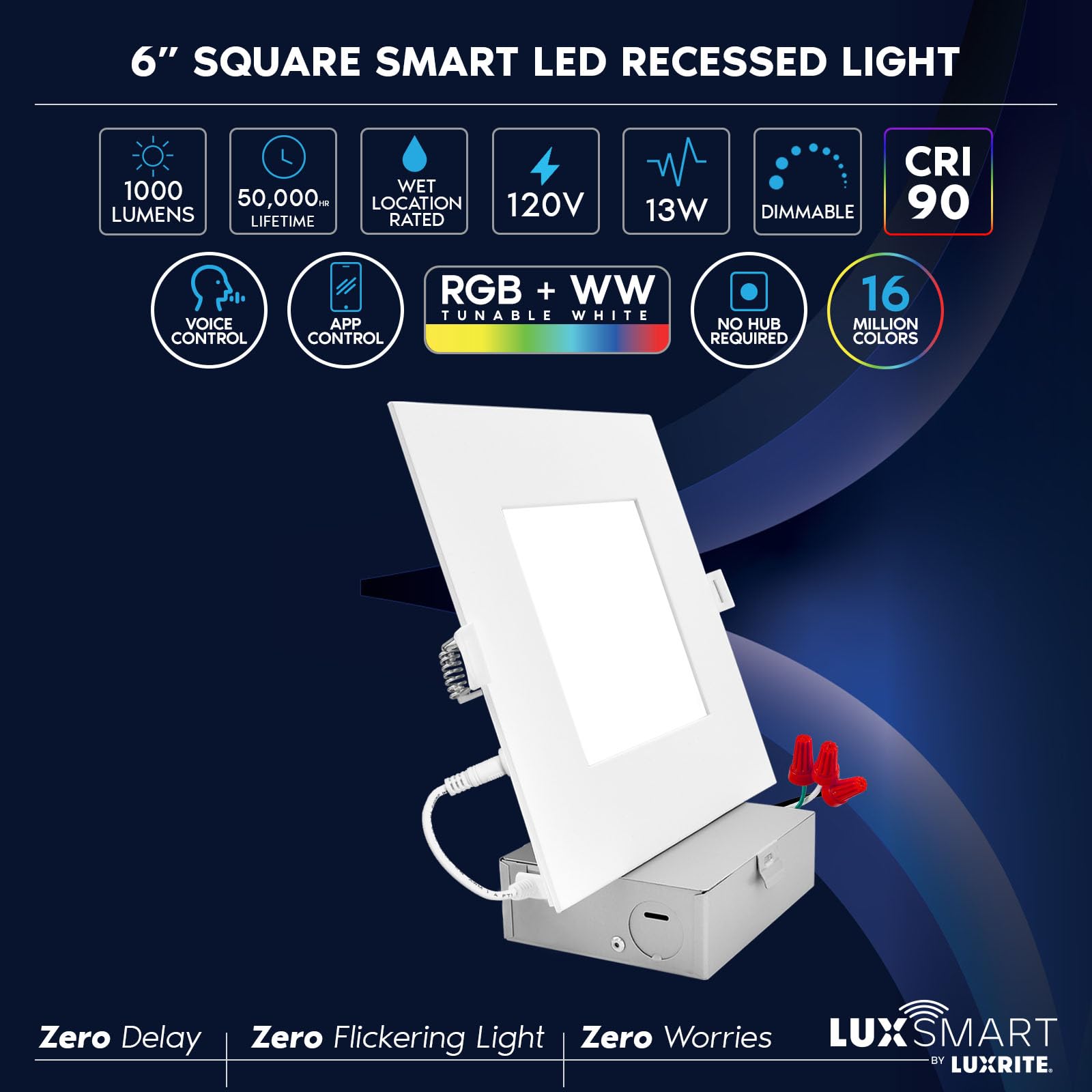 LUXRITE 12-Pack 6 Inch Square Smart LED Recessed Lighting, RGBW Color Changing, WiFi App Control, Voice Control with Alexa and Google Home, No Hub Required, 13W 1000LM, CRI 90, IC Rated, Wet Rated