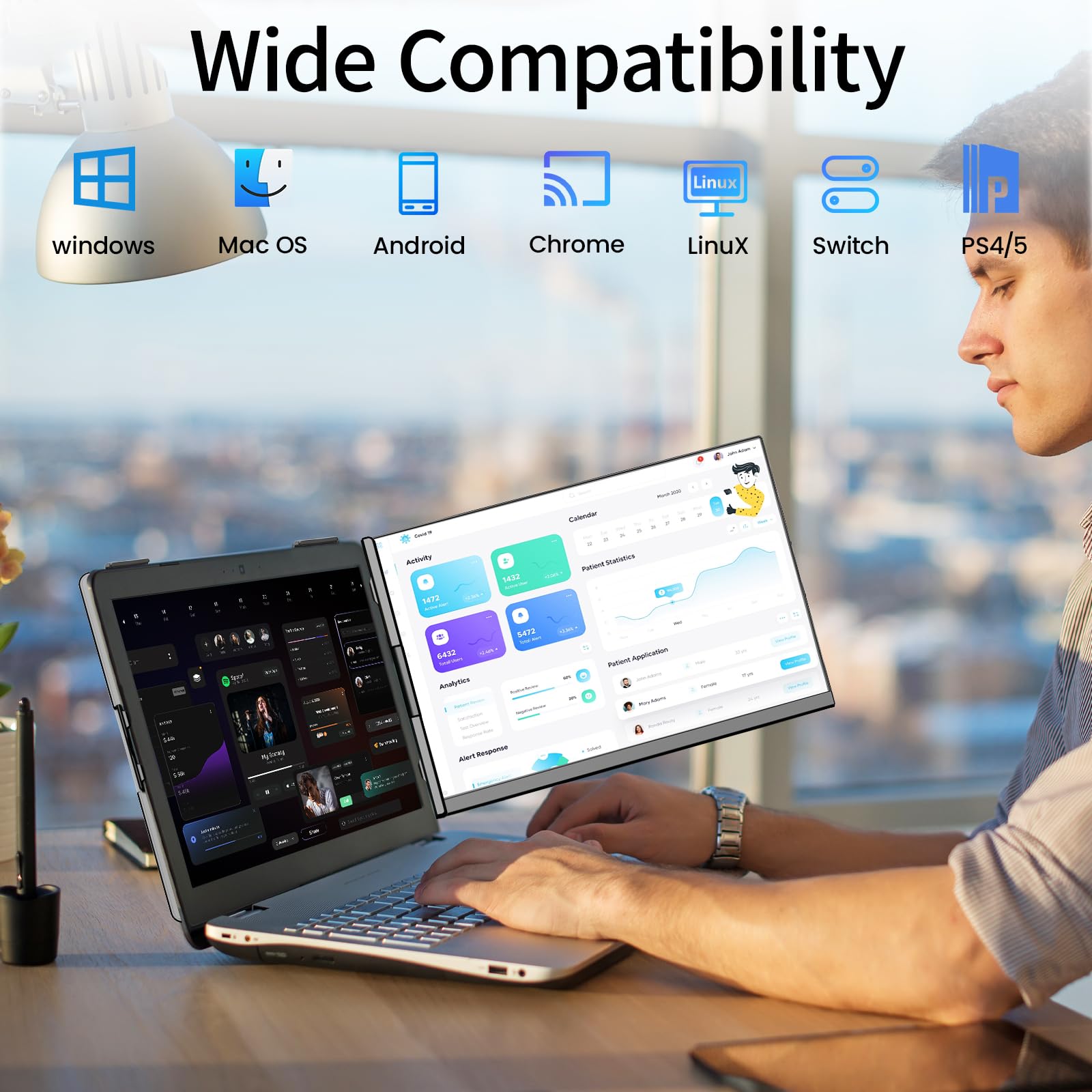 Cevaton Laptop Screen Extender - 15.6" FHD 1080P Portable Monitor for Laptop, Detachable & Plug and Play Dual Monitor Extender for 13"-17.3" Laptops, Compatible with Wins/Mac/Android/Chrome