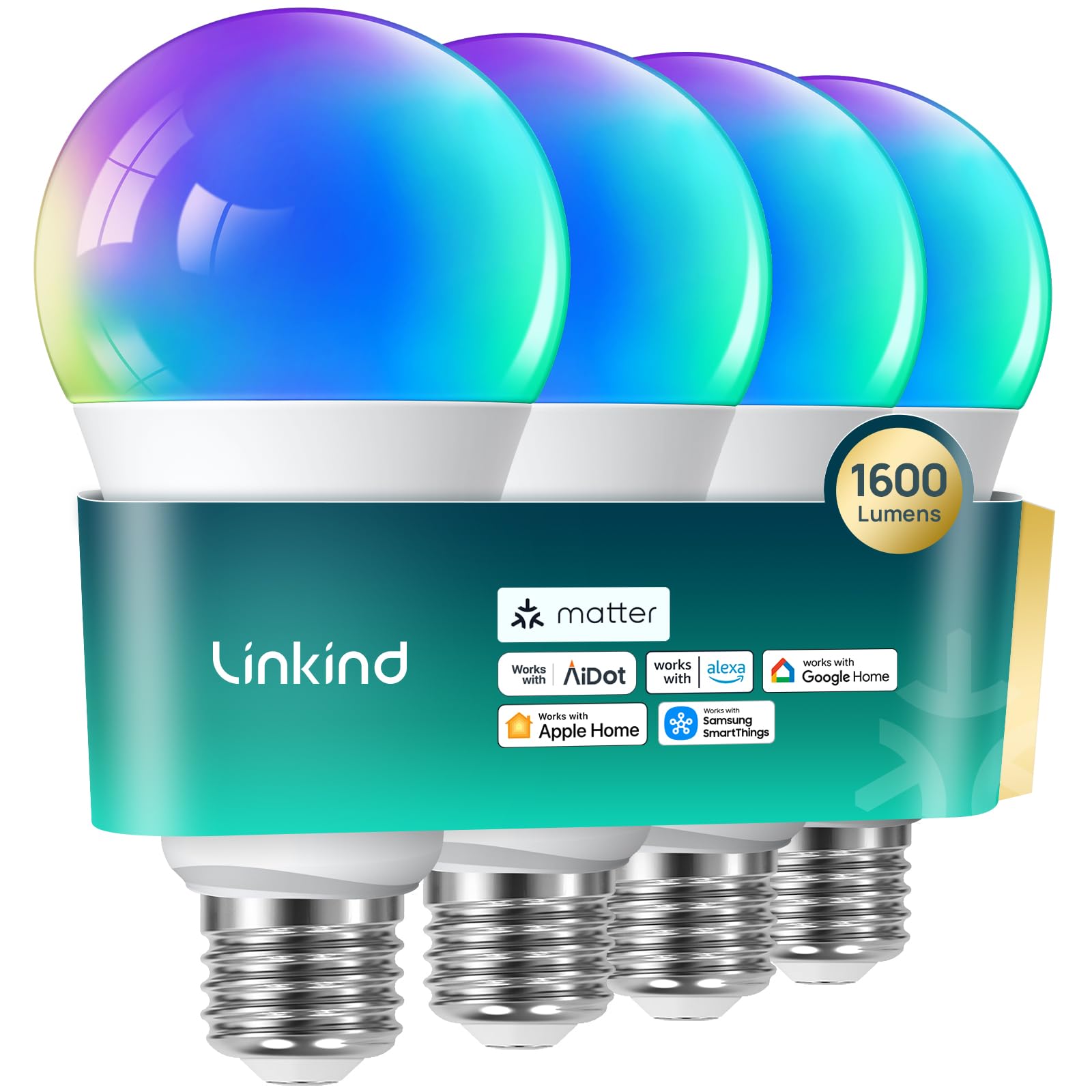 Linkind Matter Smart Light Bulb,1600LM 100W Smart Bulbs Work with Alexa/Apple Home/Google Home/SmartThings, RGBTW LED Color Changing Bulbs Music Sync, 2.4GHz Wi-Fi Light Bulbs LED 11W, A21 E26, 4Pack