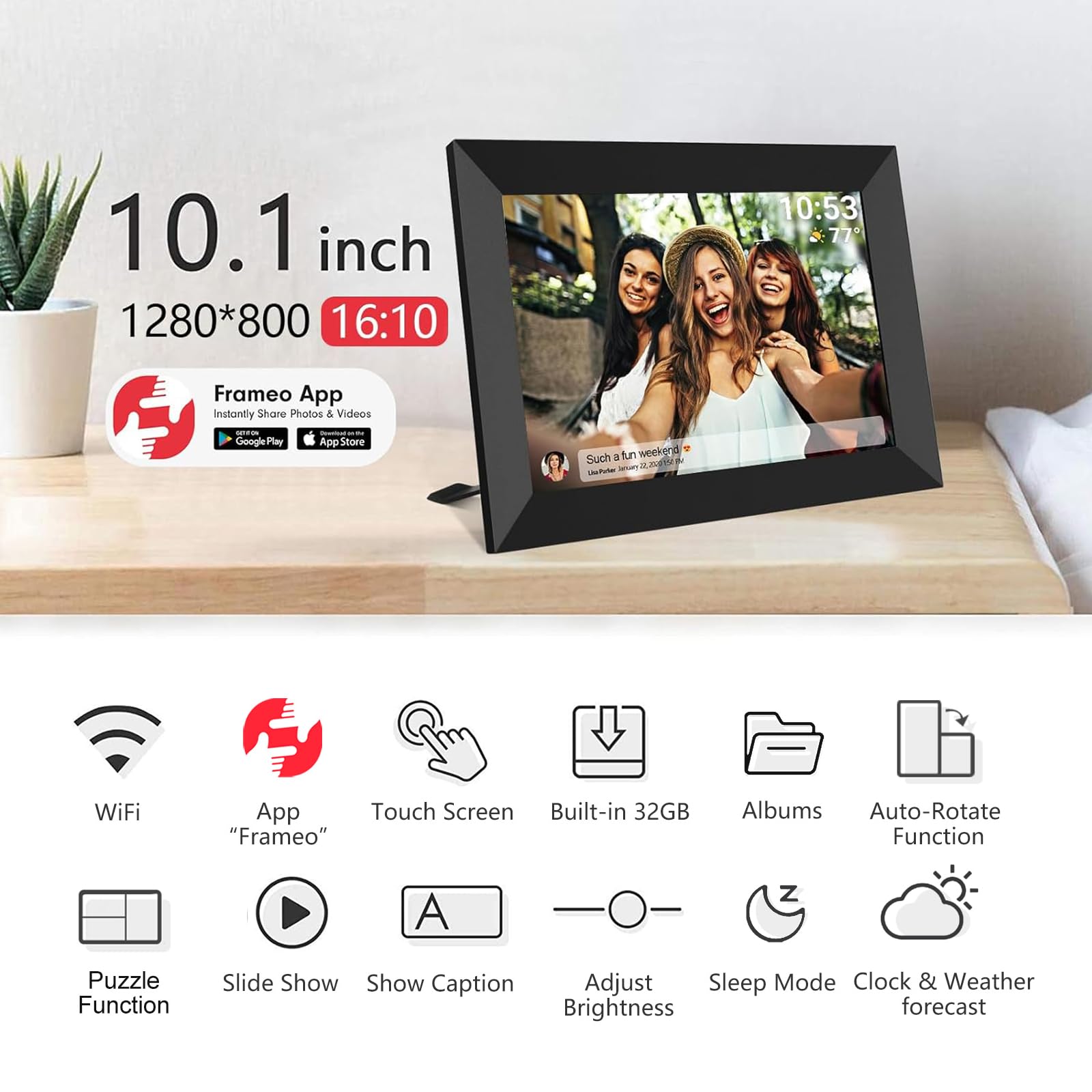 10.1" Smart WiFi Digital Photo Frame 32GB, Black