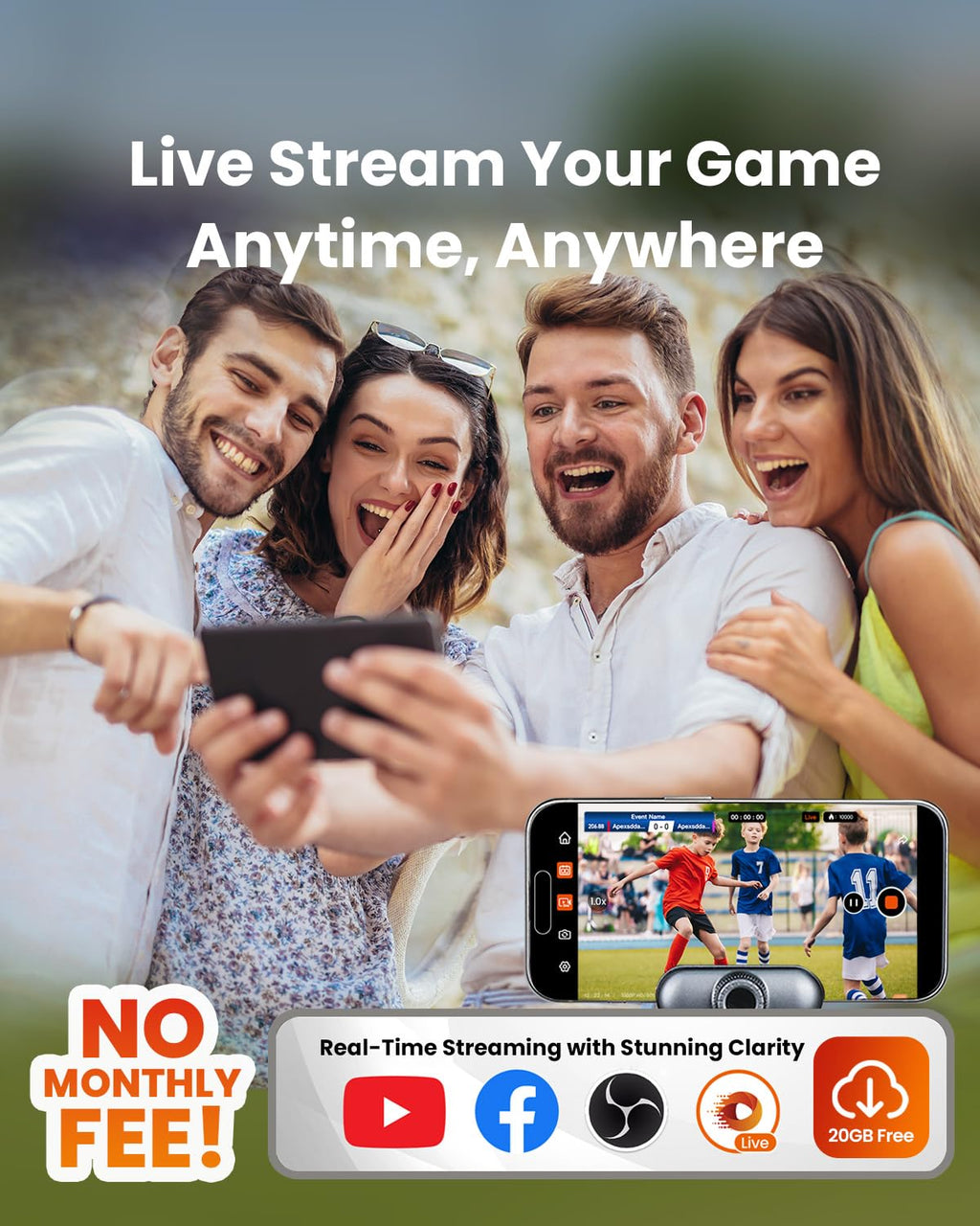 XbotGo Chameleon AI Auto Sports Action Camera - 4K 60FPS Soccer Camera and Basketball Tracking Camera for Team Sports, Live Streaming, No Subscription, Works with iOS & Android (Lemon Green)