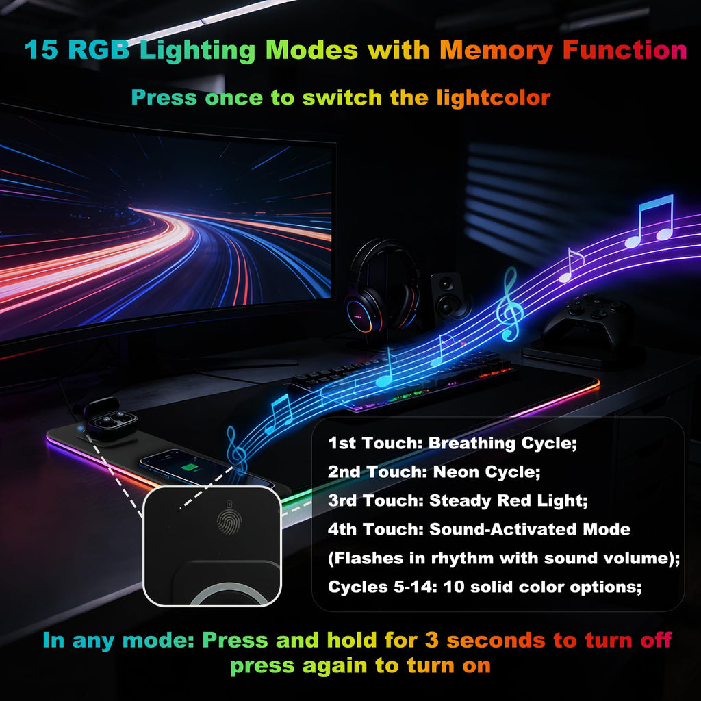 Коврик для мыши obvade XXL RGB, черный, для гейминга, большой коврик для стола, подставки под мышь для стола с быстрой беспроводной зарядкой 15 Вт и держателем для телефона, 11 режимов светодиодной подсветки, водонепроницаемый коврик, нескользящая основа