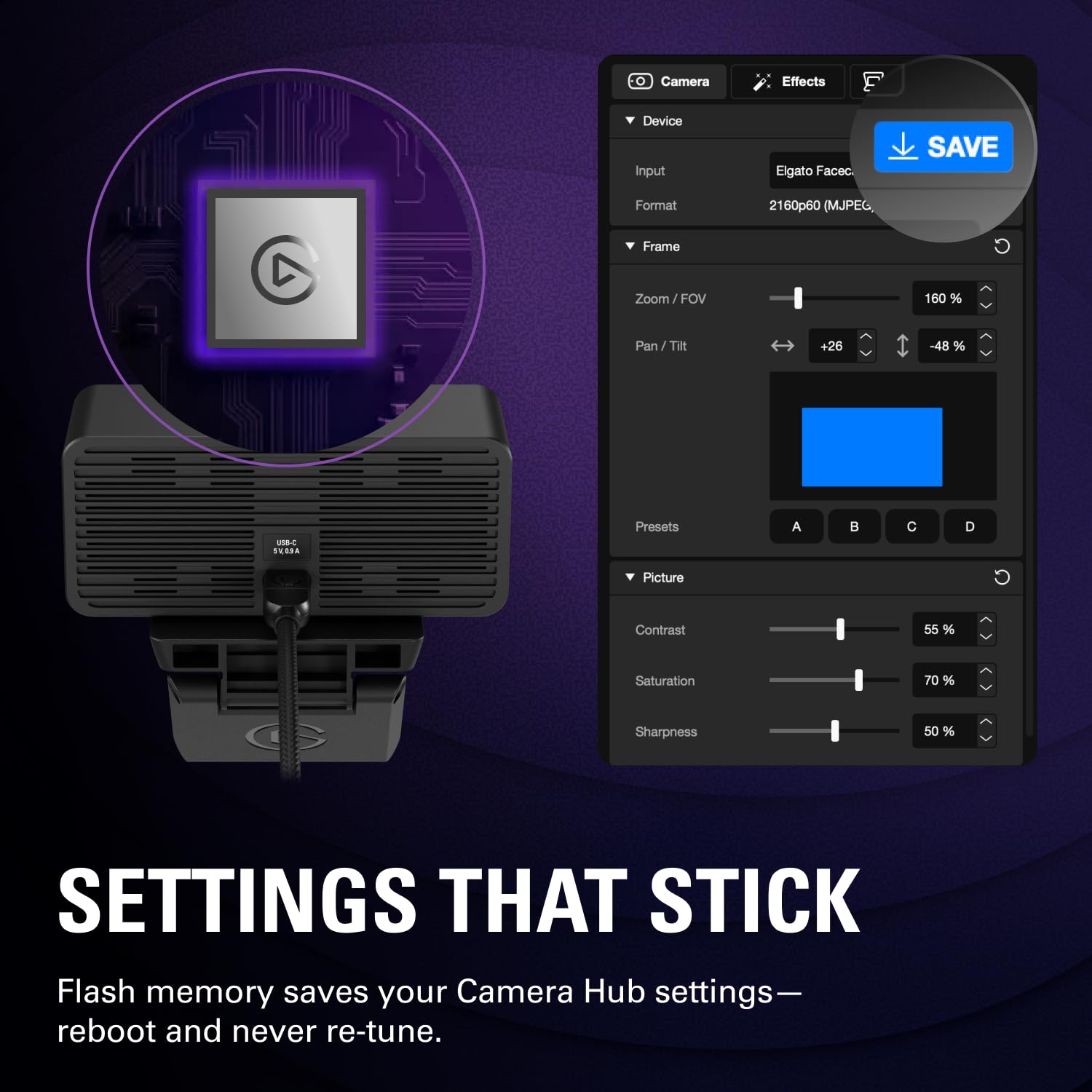 Elgato Facecam 4K - 4K60 Studio Webcam, DSLR-Like Control, Cinematic Effects, 49mm Lens Filters, HDR, Uncompressed Video, Optimized Focus Area | USB-C for PC & Mac