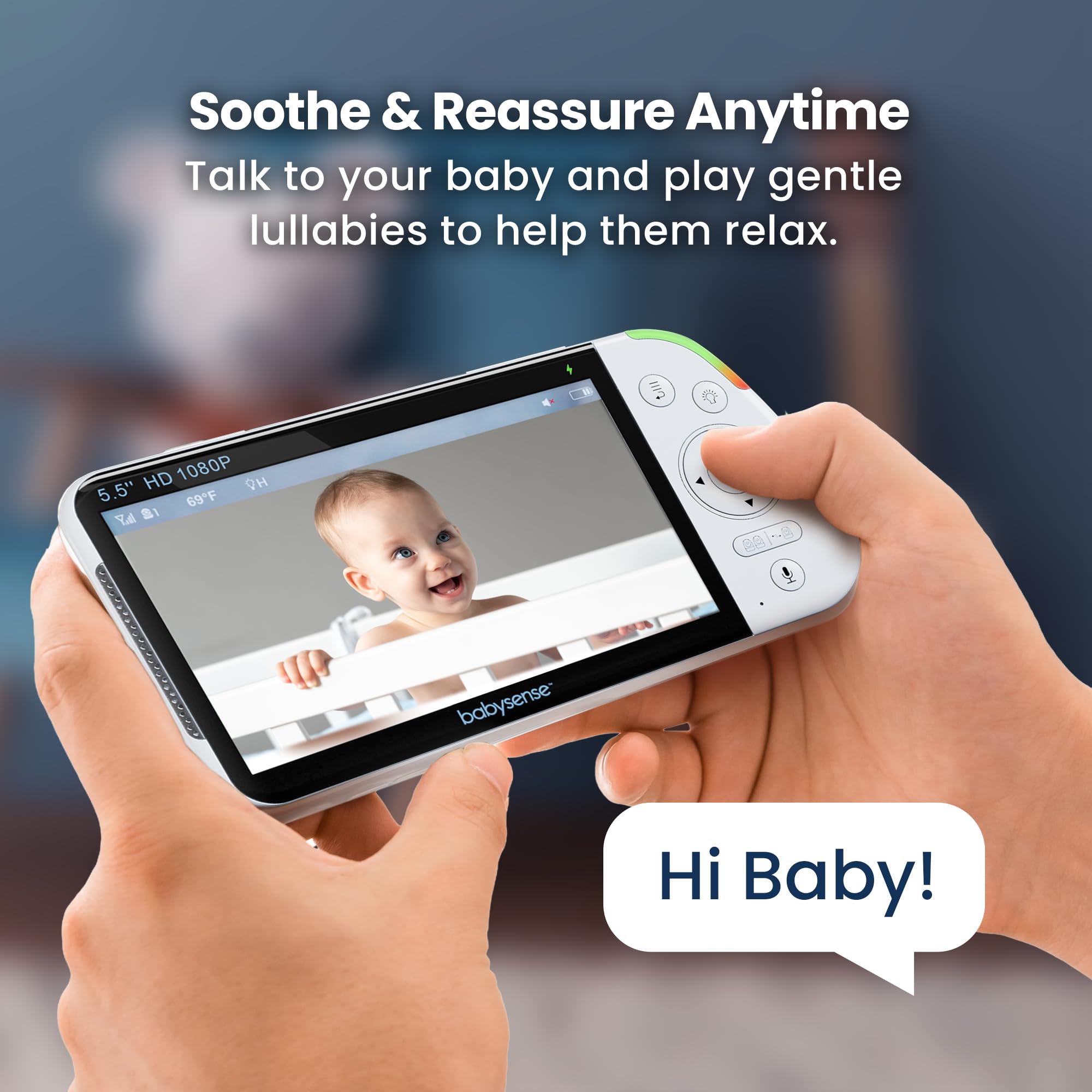 Babysense PRO Full HD 5.5" Split Screen Baby Monitor with 2 Cameras, 6-Color Night Light, White Noise, Sound & Light Machine, 20-Hour Battery, Hack-Proof Non-WiFi Secure Connection