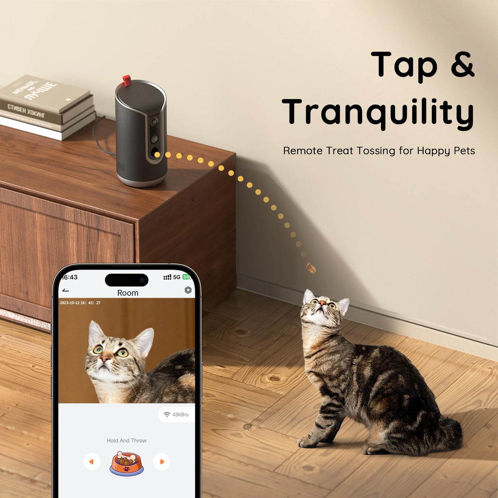 TKENPRO Pet Camera Treat Dispenser [1-Year Trial: Cloud + AI Features Included], 2K Dog & Cat Cam, Remote Treat Tossing, 360° Auto Tracking, 5G/2.4G WiFi Compatible, 2-Way Talk, Motion Alerts Indoor