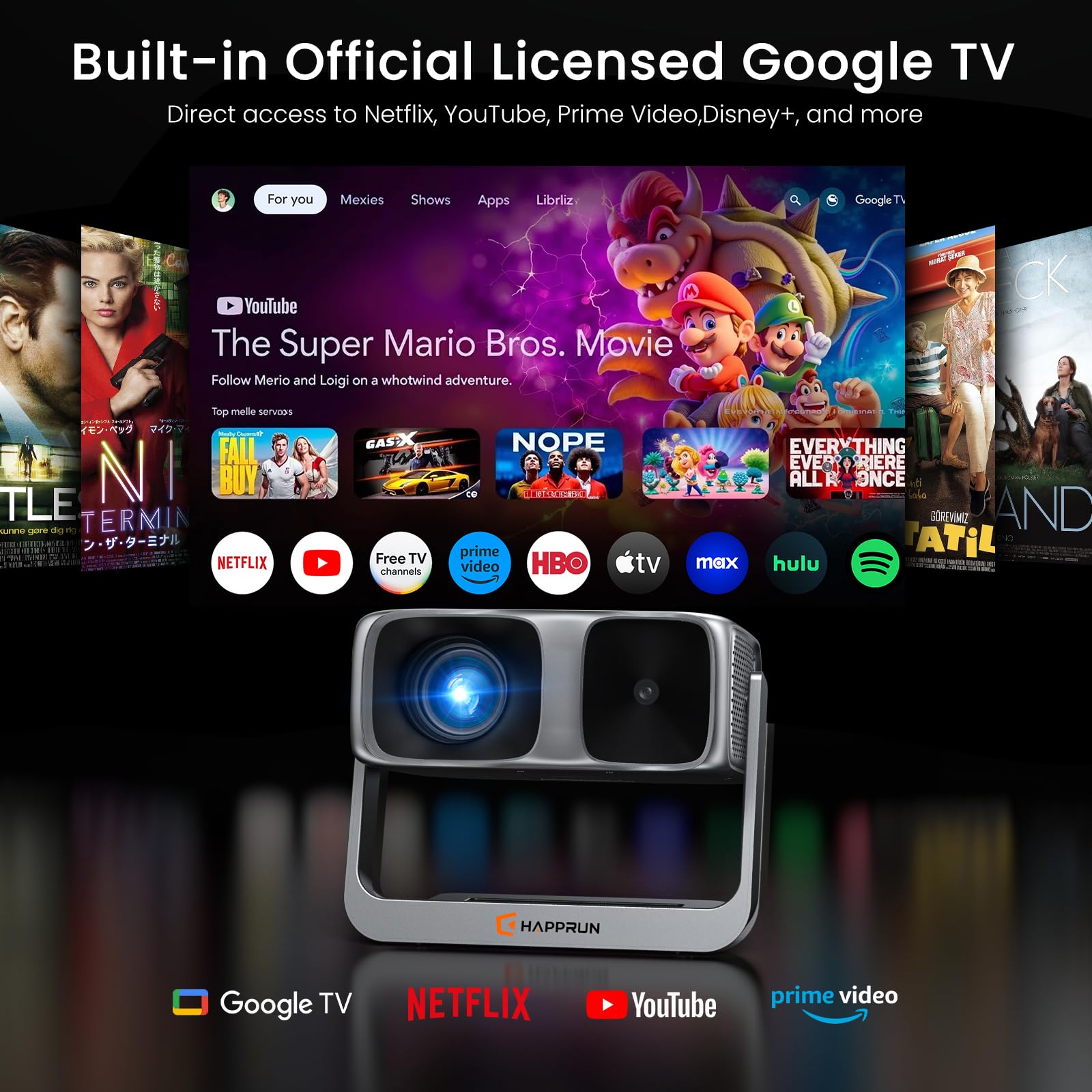 Google TV 4K Outdoor Projector 2000 ANSI HAPPRUN