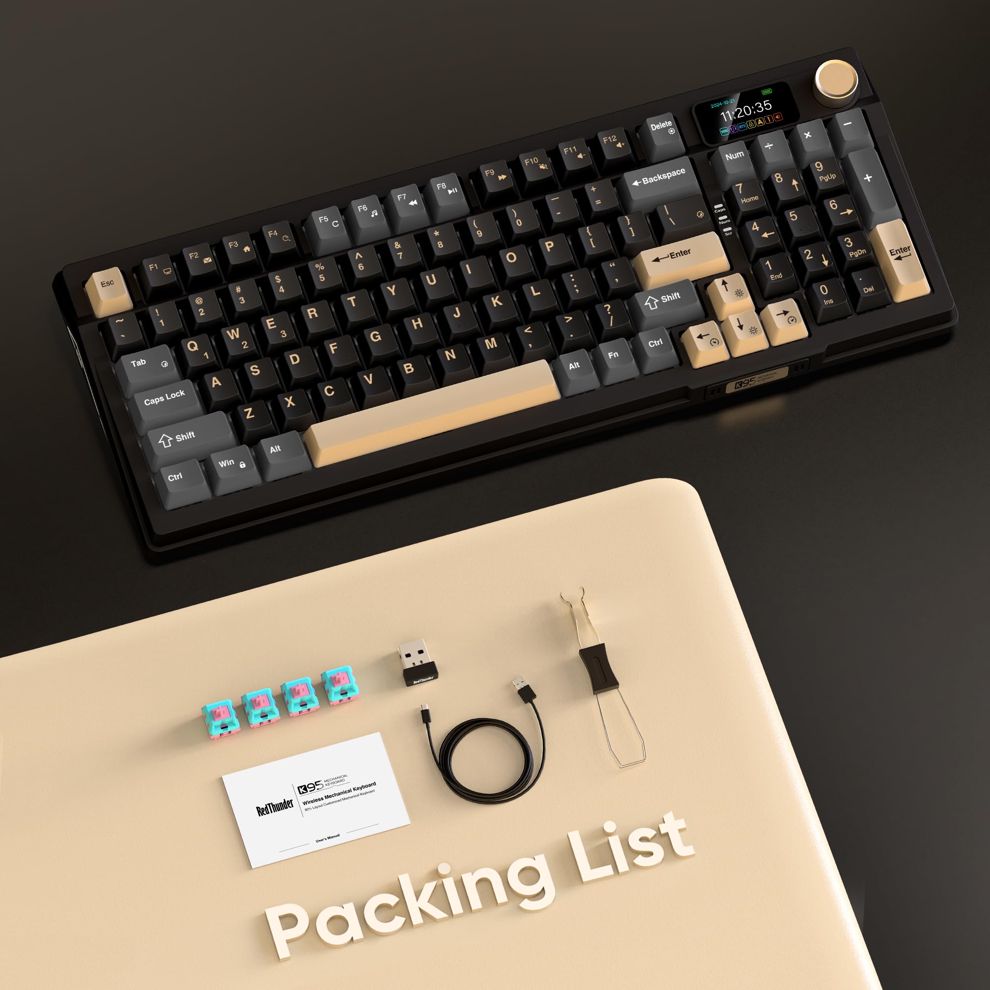 RedThunder K95 Wireless Mechanical Keyboard, TFT Screen & Knob, Tri-Mode BT5.0/2.4GHz/USB-C Hot Swappable Custom, Pre-lubed Linear Pink Switches, Gasket Structure, RGB Gaming Keyboard, Black-Gold