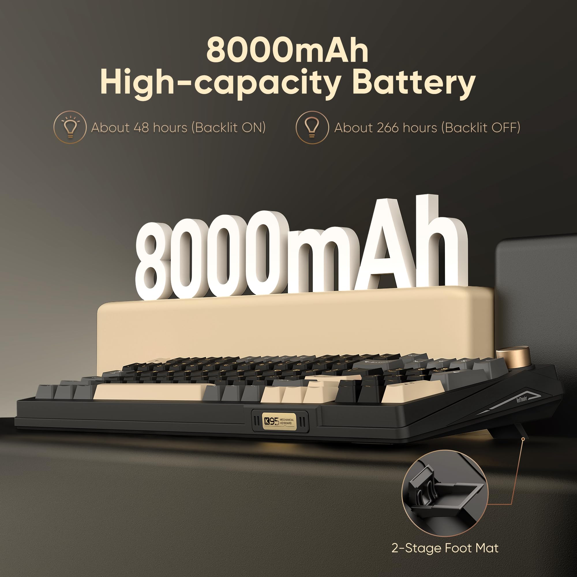 RedThunder K95 Wireless Mechanical Keyboard, TFT Screen & Knob, Tri-Mode BT5.0/2.4GHz/USB-C Hot Swappable Custom, Pre-lubed Linear Pink Switches, Gasket Structure, RGB Gaming Keyboard, Black-Gold