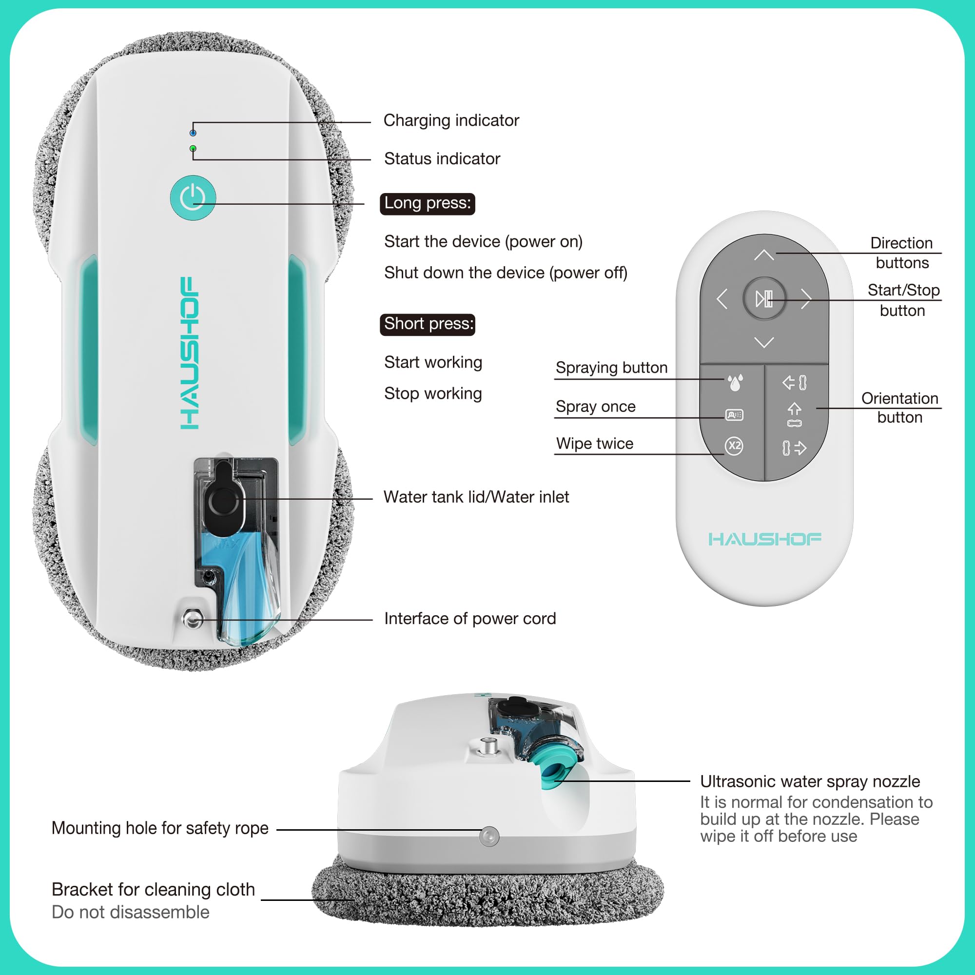 HAUSHOF Robot Window Cleaner with 3800Pa Suction and Auto Water System