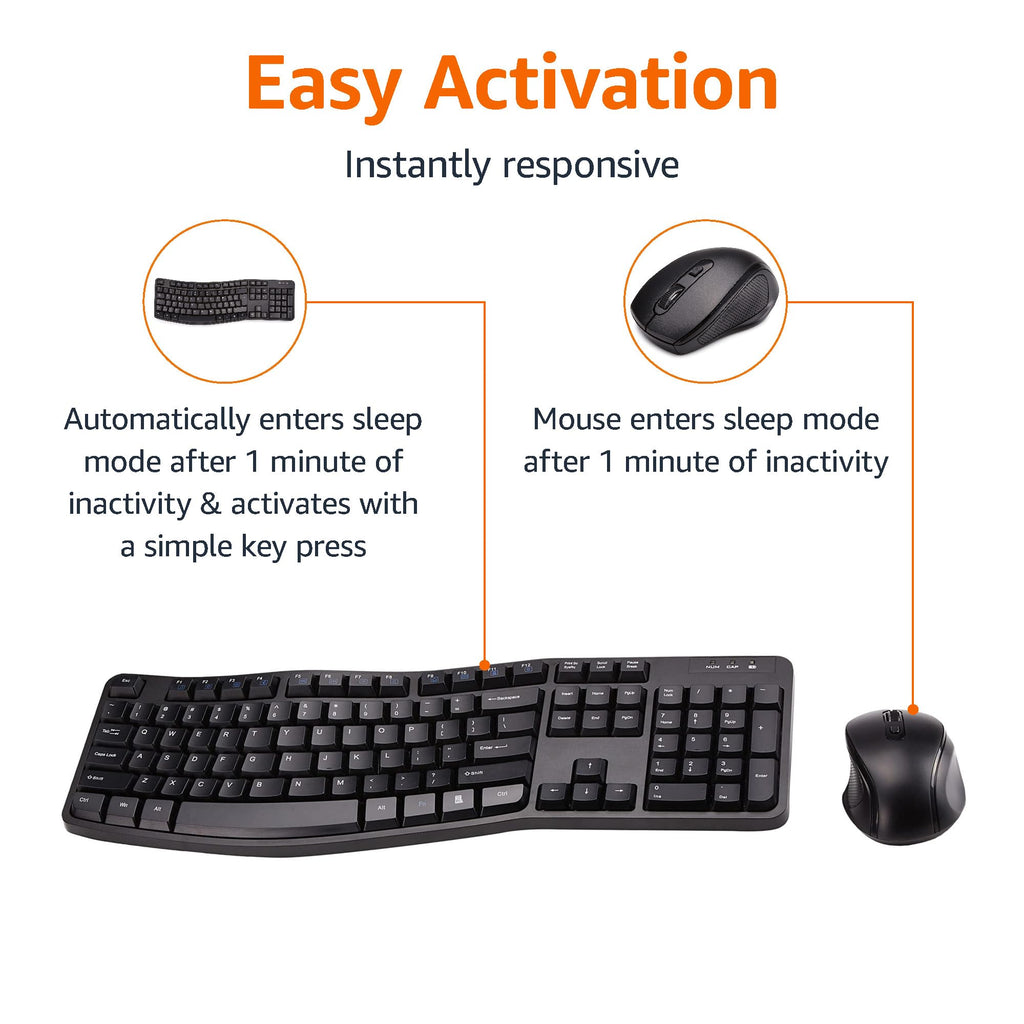 Amazon Basics Ergonomic Wireless Keyboard and Mouse Combo with Wrist Rest, Plug and Play, 2.4 GHz USB, Easy to Use, Black