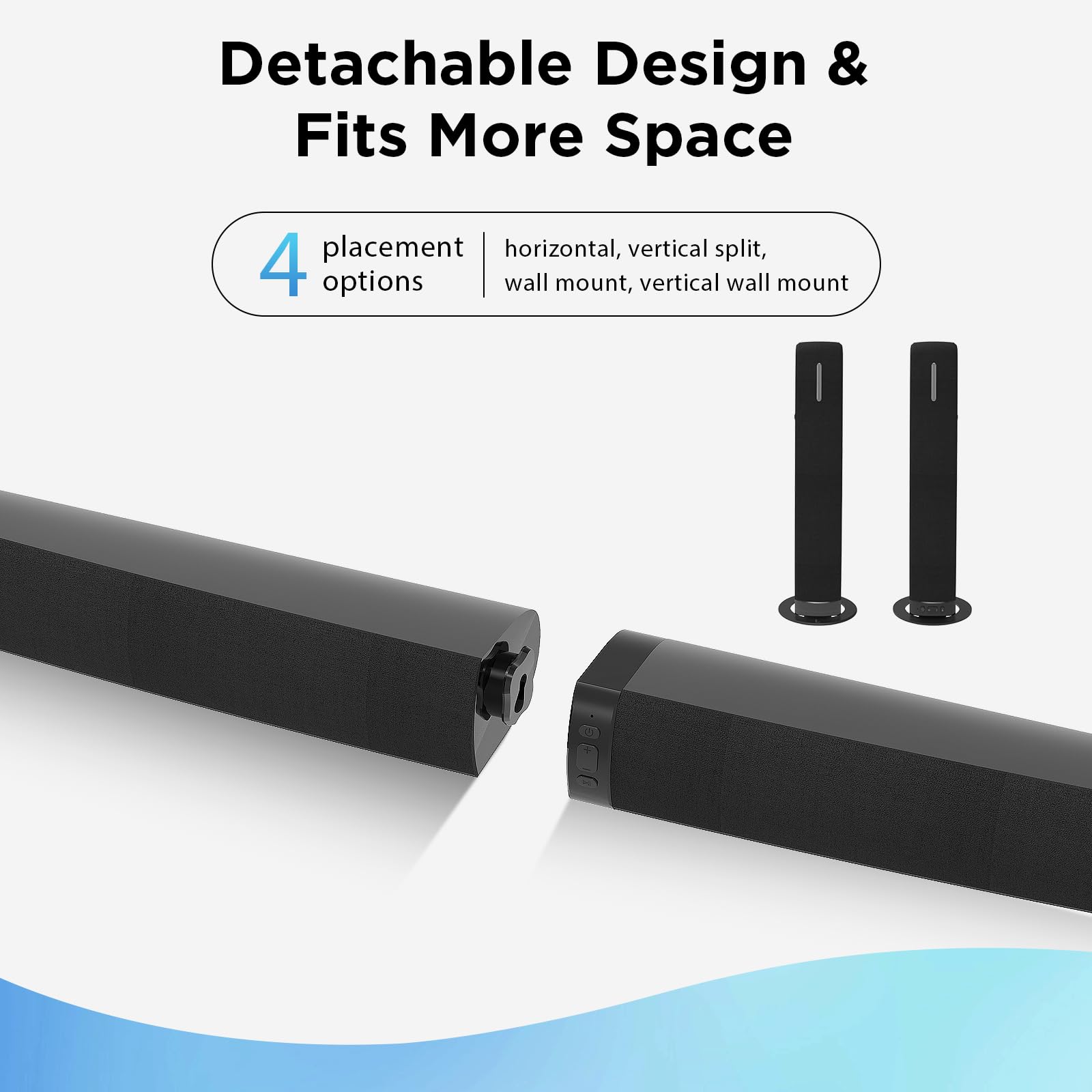 Assistrust Sound Bar for Smart TV,90W Soundbar with Bluetooth/ARC/Optical/AUX Connect, Auto Volume Boost, 3 Customizable Equalizer Modes, 2 in 1 Detachable Soundbar for TV/PC/Gaming/Projectors