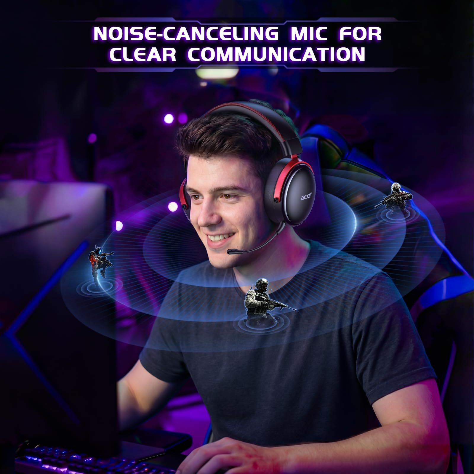 acer 2.4GHz Wireless Gaming Headsets for PS5, PS4, PC, Switch, Bluetooth Gaming Headset with Mic, Stereo Sound, 40+Hr Battery, 50mm Drivers - Black