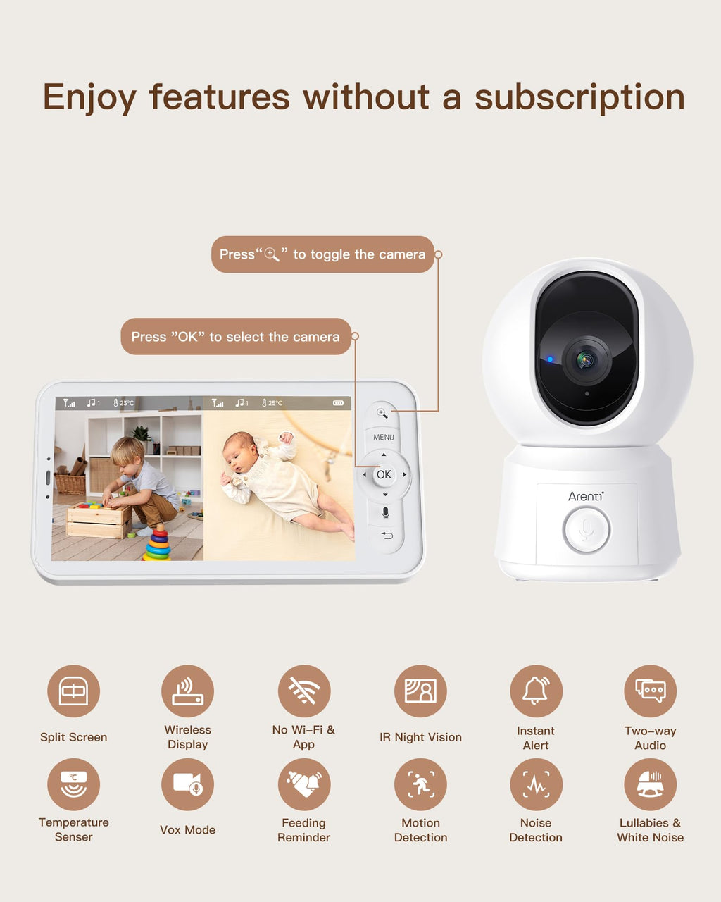 Monitor Baby Camera WiFi 1080p con PTZ e Batteria
