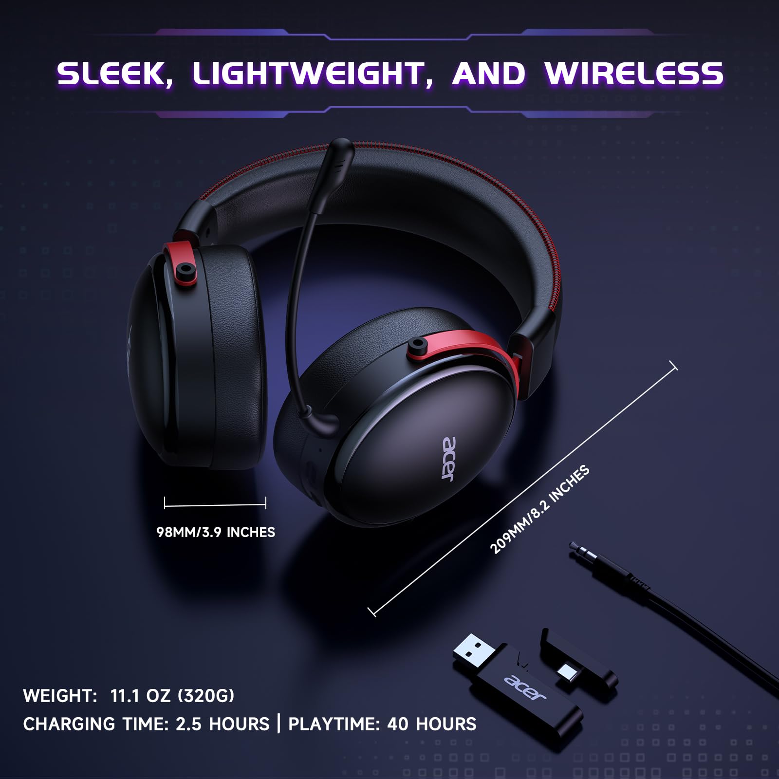 acer 2.4GHz Wireless Gaming Headsets for PS5, PS4, PC, Switch, Bluetooth Gaming Headset with Mic, Stereo Sound, 40+Hr Battery, 50mm Drivers - Black