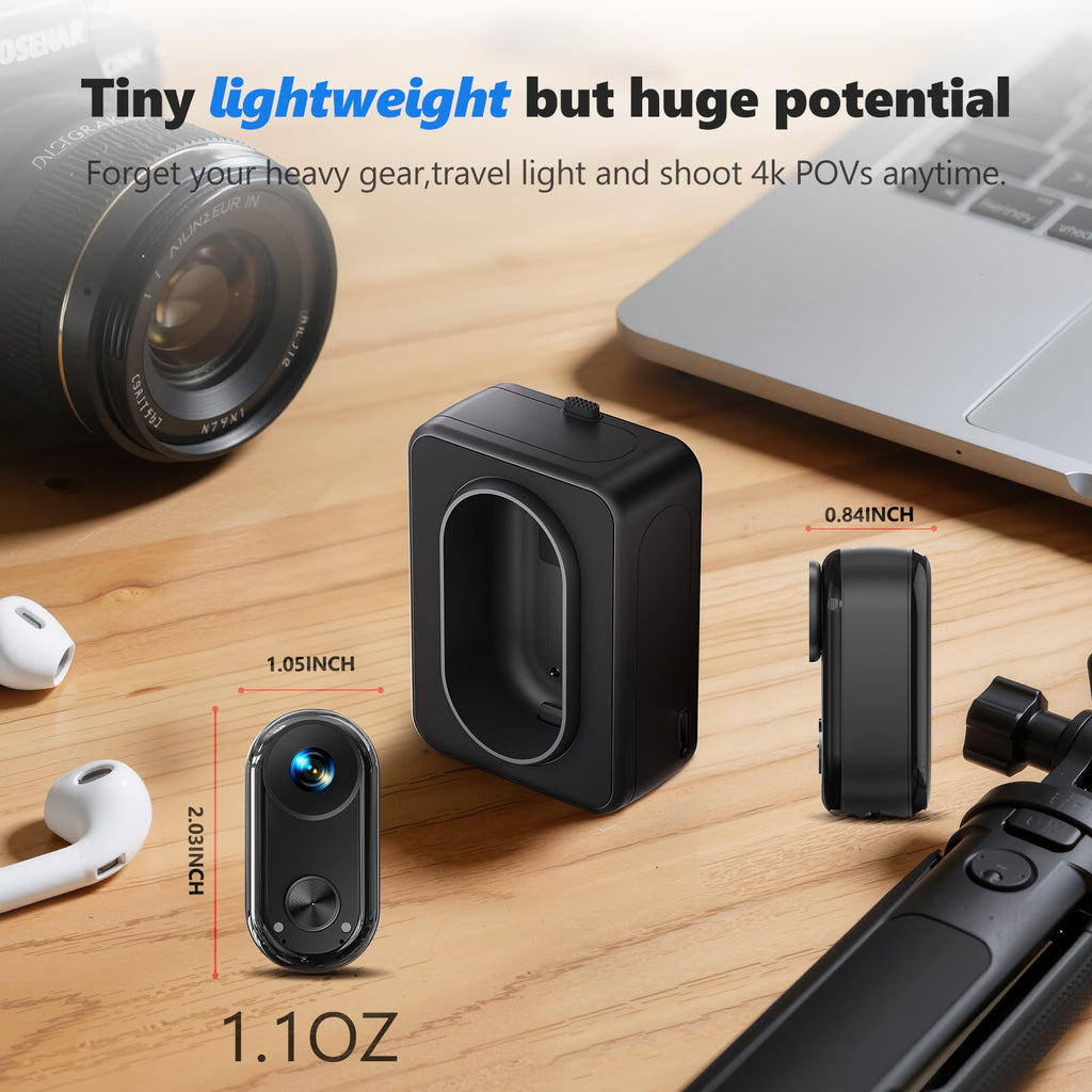 4K 30FPS Vlogging Camera, 64GB Hands-Free POV Camera, 98FT Waterproof Actioncamera with Case, Tiny Sport Cam 6-axis Stabilization, 150° Lightweight Thumb Bodycam 270min runtime, Mount Anywhere