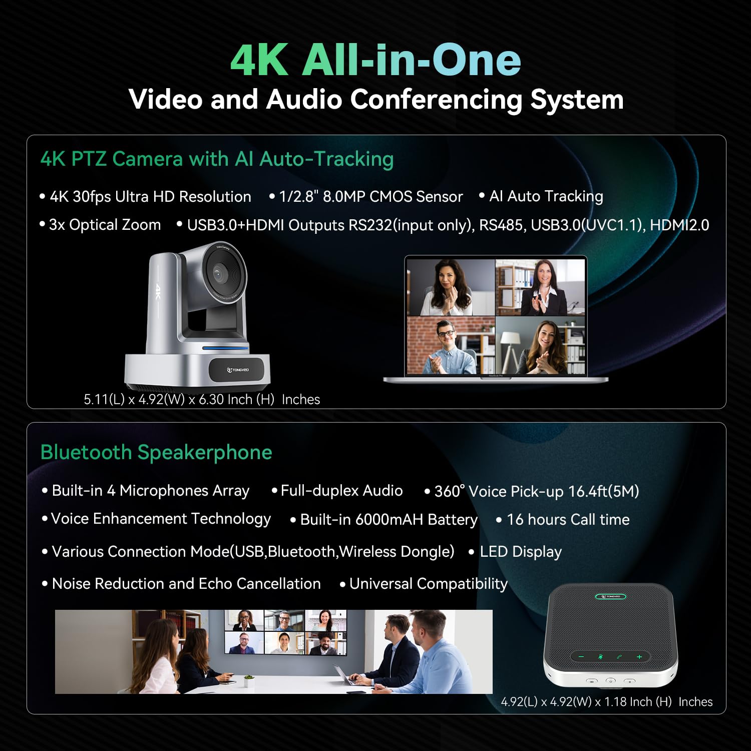 4K AI-камера PTZ с автослежением и 3-кратным оптическим зумом,
