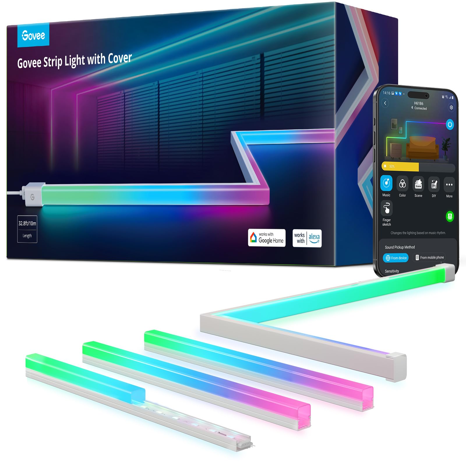 Govee RGBIC LED Strip Lights 32.8ft with Covers, Smart Lights Work with Alexa and Google Assistant, LED Diffuser Channel with LED Lights for Bedroom, Skirting Lines, Studio, Cabinet