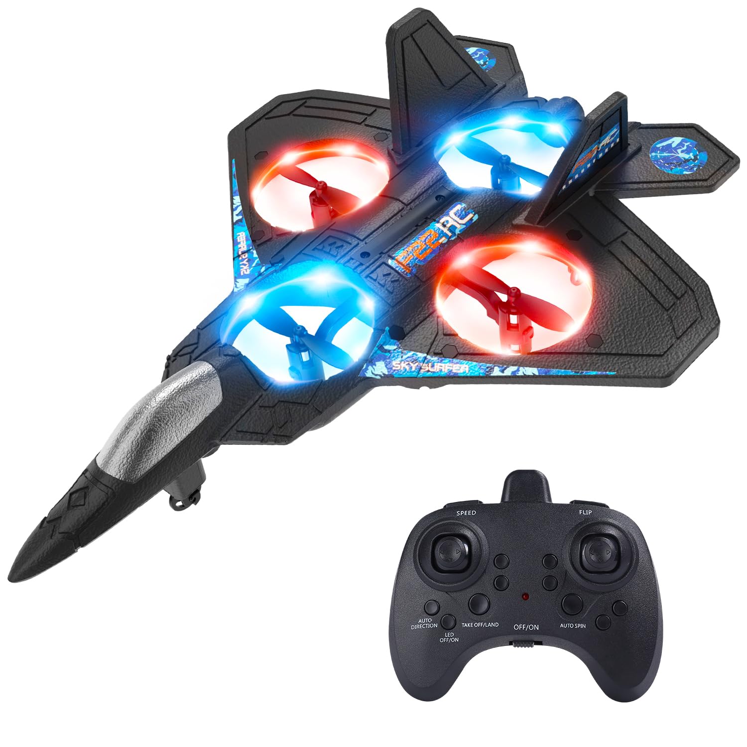 Foam RC Airplane Drone for Kids, Remote Control Helicopter, Toy Plane Fighter Jet with LED Light, Auto Hover, 360°Flip, 2 Batteries (16 Mins Flight), Easy to Fly for Beginners