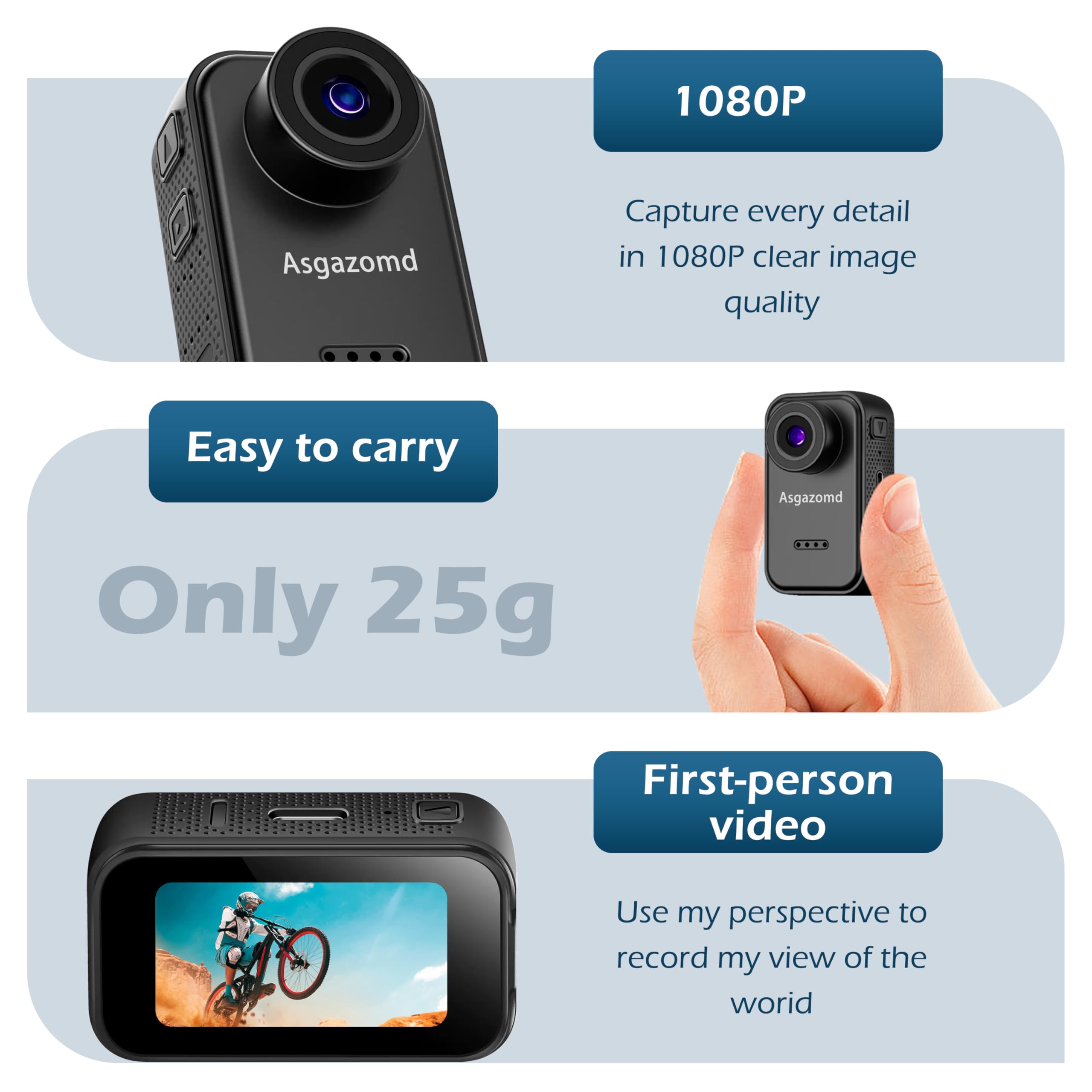 Asgazomd Thumb Action Camera,Sports Camera,Tiny Size,1080P, Hands Free POV Recording with Portable Camcorder Mount Anywhere for Pet Walking, Work, Cycling,Travel (Black, 64GB)