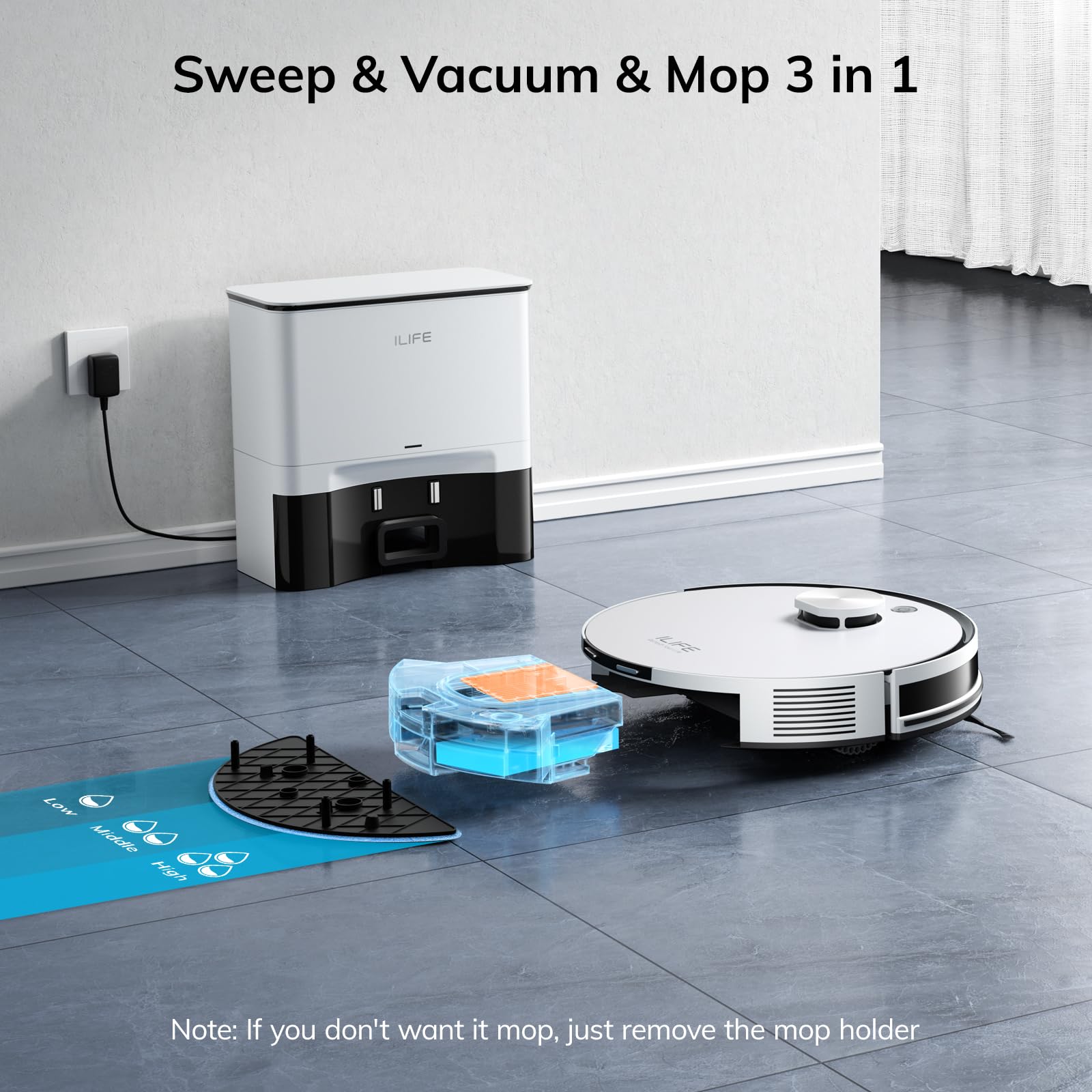 ILIFE A30 Pro Robot Vacuum and Mop, Self Emptying Station for 60 Days, 5000Pa Suction, LiDAR Navigation, No-Go Zones, 2.4G WiFi/App/Alexa/Remote Control, Clean Hard Floors to Medium-Pile Carpet, 110V