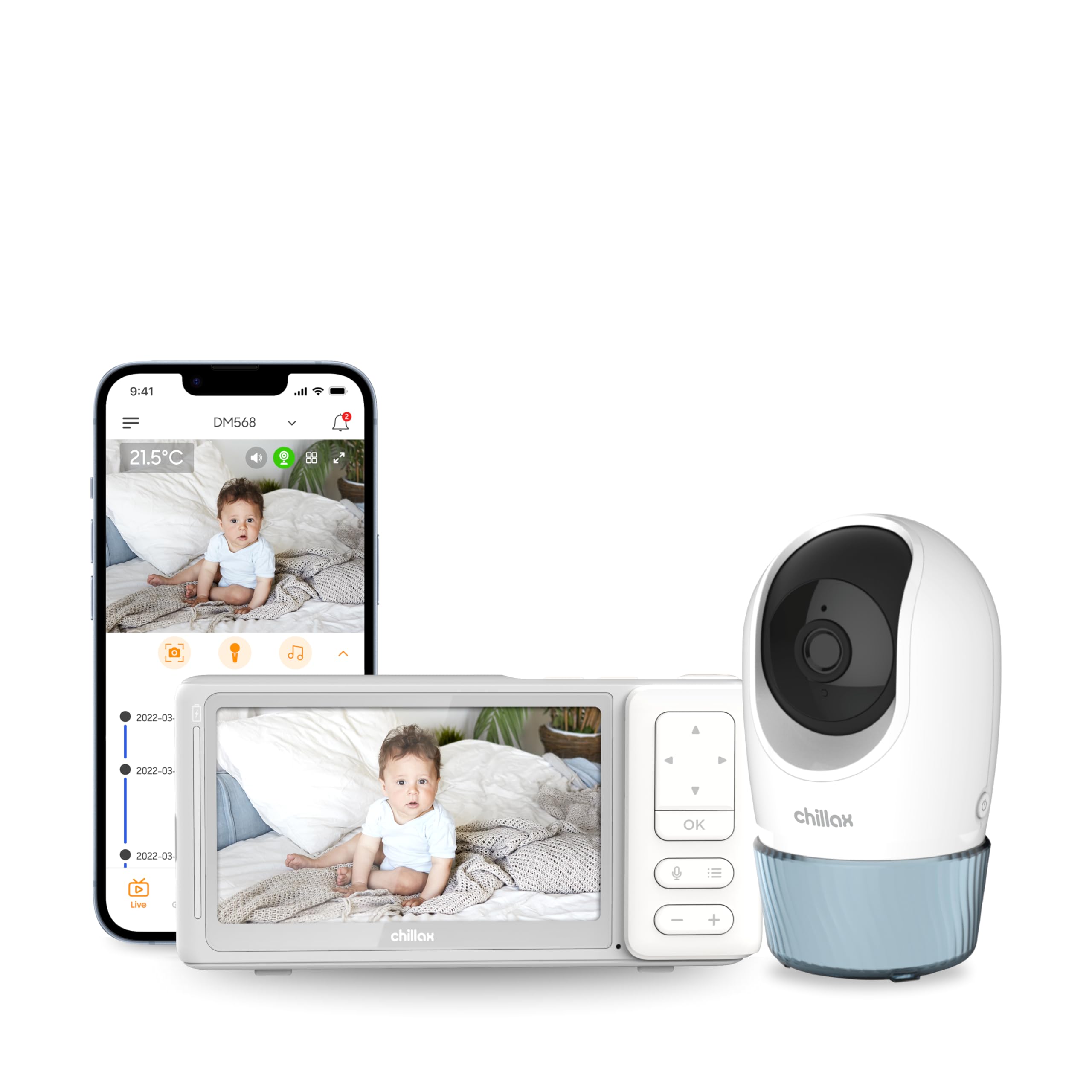 CHILLAX DM568 Video Baby Monitor – 2K QHD Baby Monitor with Camera and Audio w/Remote Pan‑Tilt‑Zoom, 5″ 720p Color Screen, Auto Dimming LED, Night Light & Sleep Trainer, Wi‑Fi/Non‑Wi‑Fi Viewing