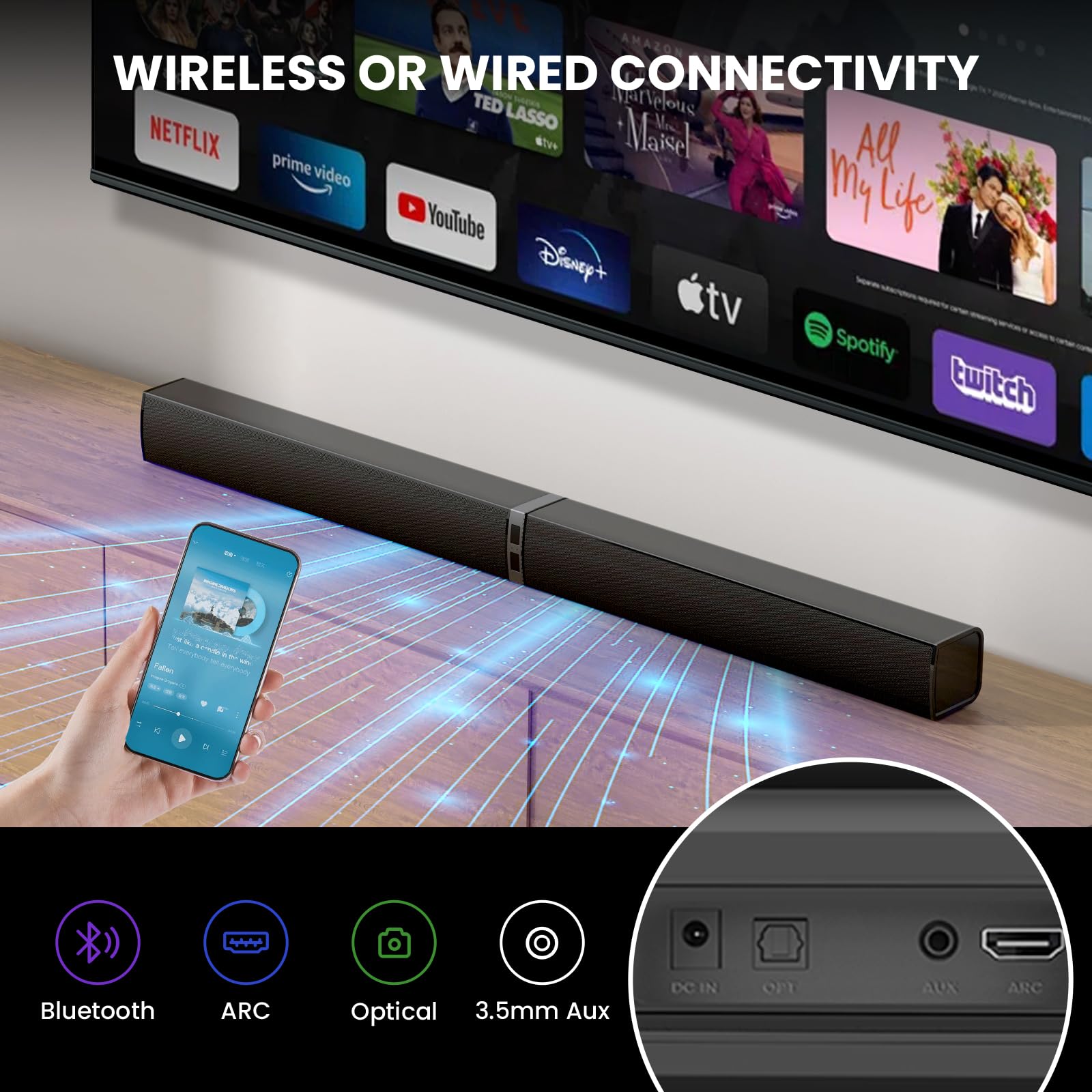 80W Detachable Bluetooth Soundbar for Smart TV with 2-in-1
