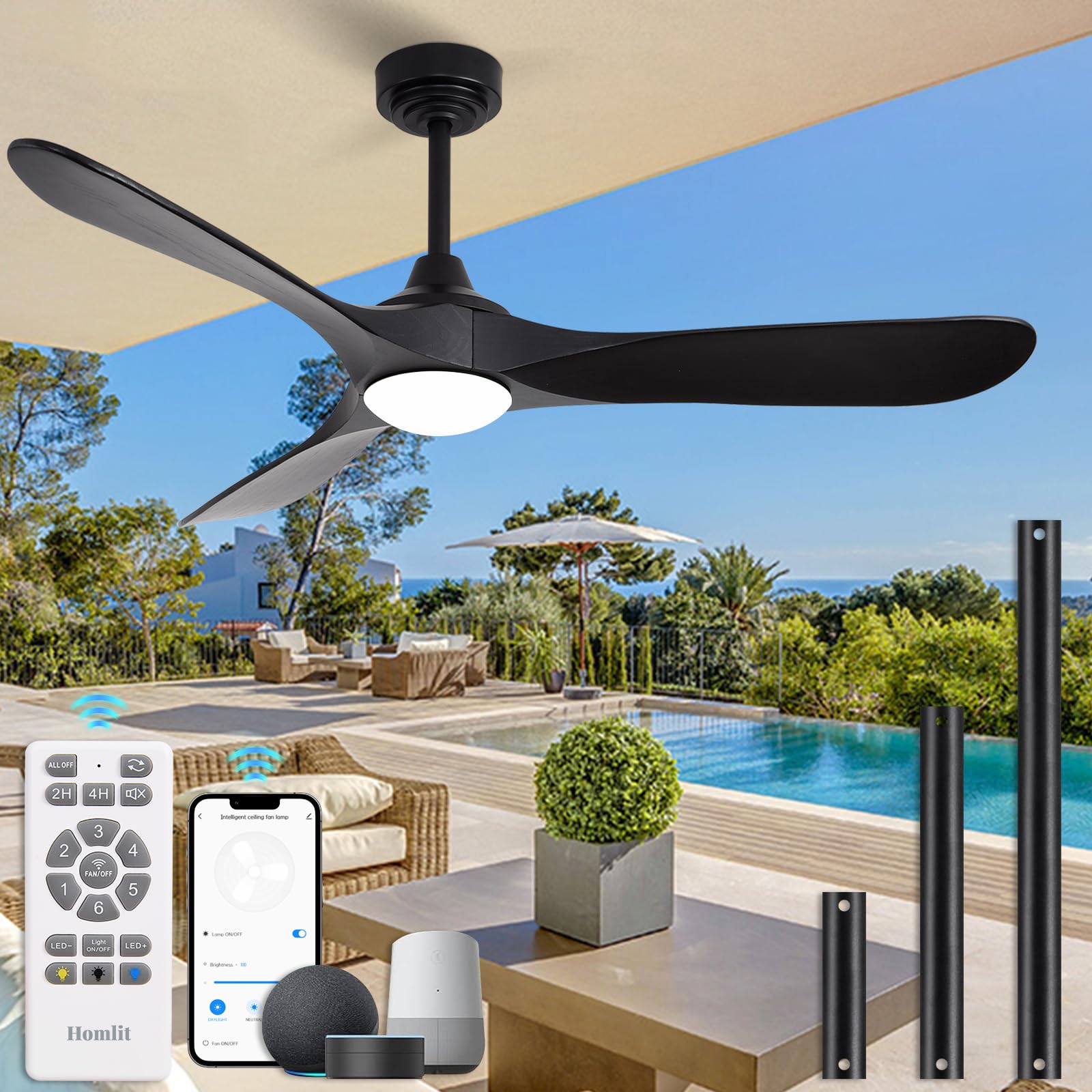 Homlit 52” Outdoor Ceiling Fan with Light and Remote via WiFi Alexa, 3 Black Solid Wood Blade, Noiseless Reversible Dc Motor, Smart Outdoor Wood Ceiling Fan for Farmhouse Patios, Black