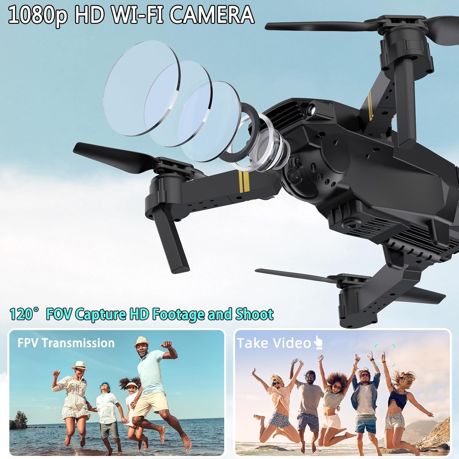Drone With 1080P Camera for Adults Beginners,Foldable RC Quadcopter, Toys Drone,FPV Video, One Key Start, Headless Mode, Waypoints fly, 360° Flips