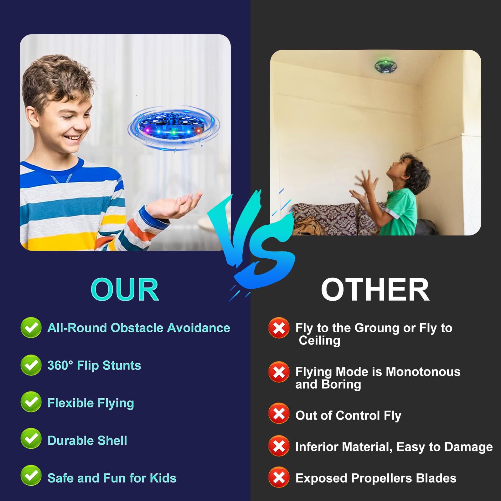 Hand Operated Flying Toy Drone for Kids, 360° Hands Free Motion Sensors Mini