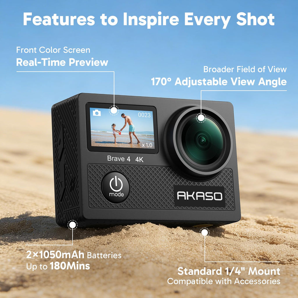 4K 30fps Action Camera 20MP Photo EIS WiFi Waterproof