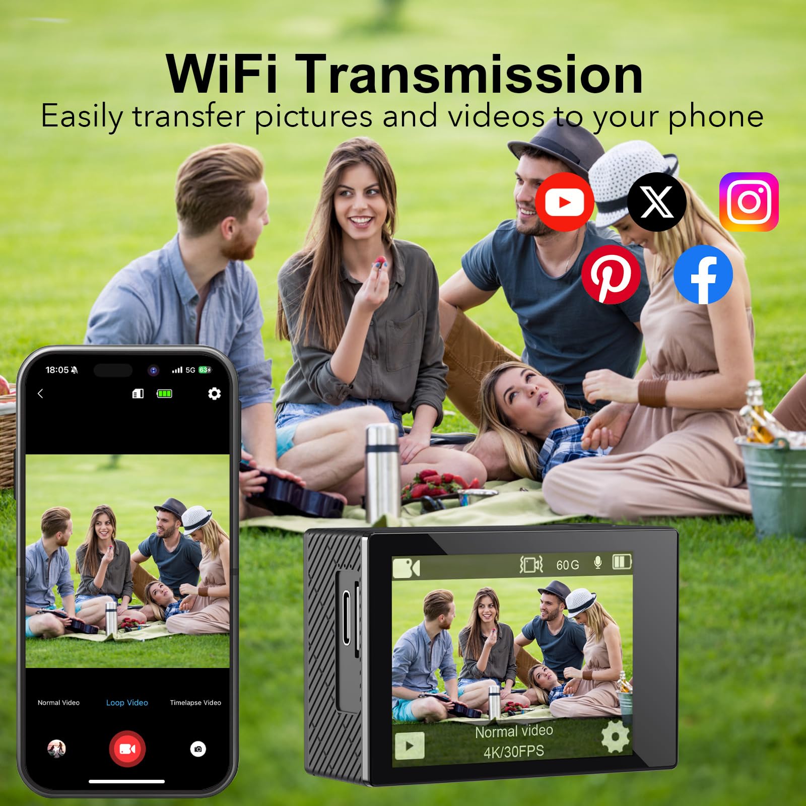 Action Camera 5K 30FPS Waterproof Camera Underwater 131FT with EIS WiFi App Remote Control 64GB Card 170° Wide Angle Sports Helmet Bike Video Black