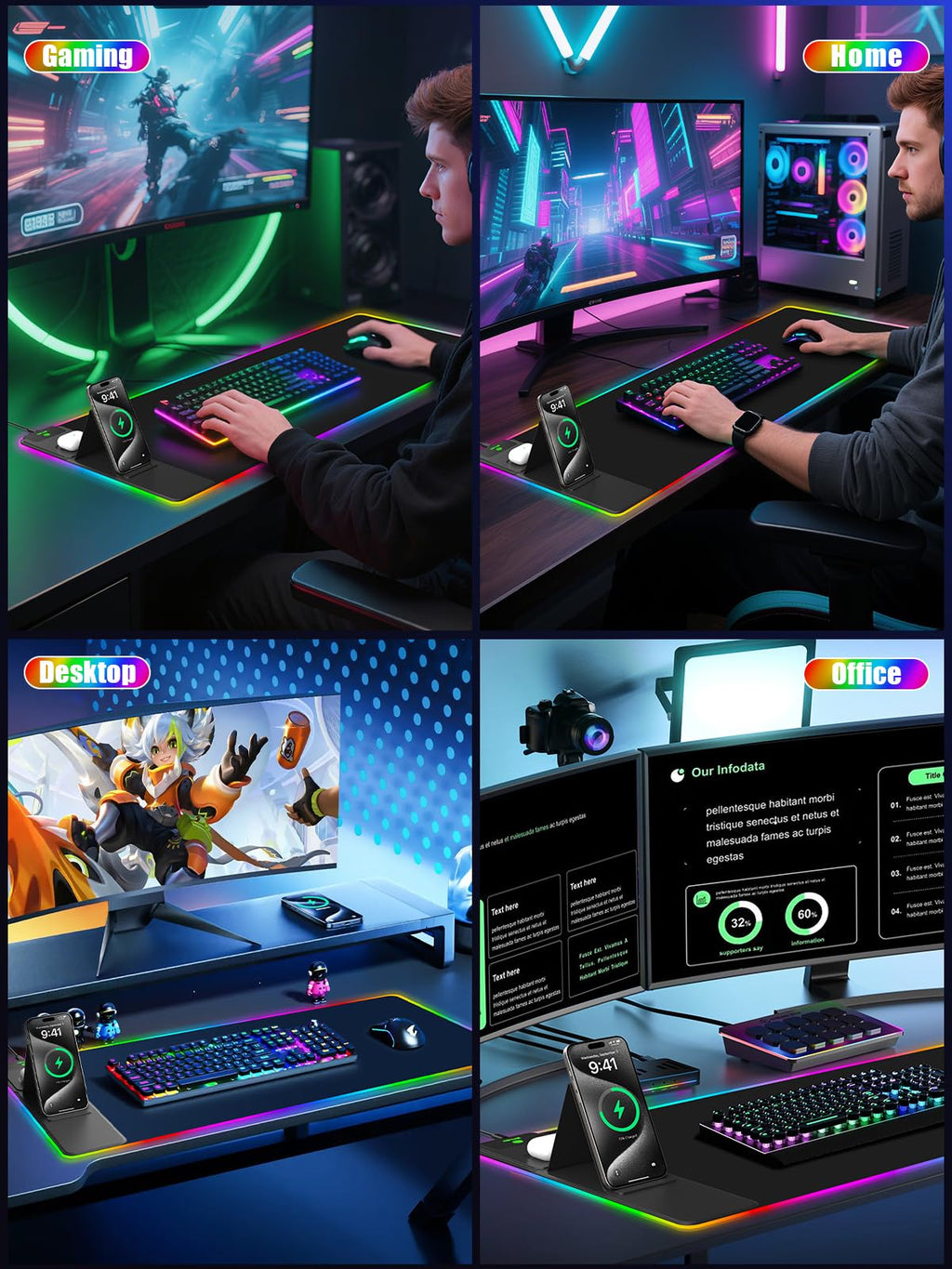 XXL RGB Gaming Mouse Pad 31.5"x15.8" Wireless Charger Phone