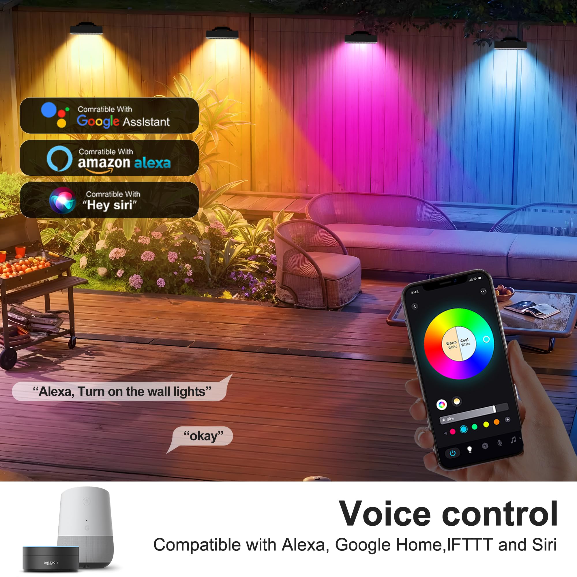 Yasotek Smart RGBCW Outdoor LED Flood Light 180W –Color Changing Wall Washer, 2700K–6500K Tunable White Dimmable, RGB Stage Light, Music Sync Spotlight for Yard, Garden, Holiday Party