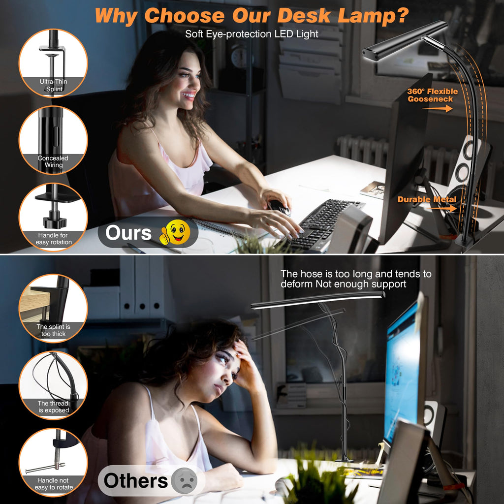 LED Desk Lamp with Clamp, Stepless Dimming Flexible Gooseneck