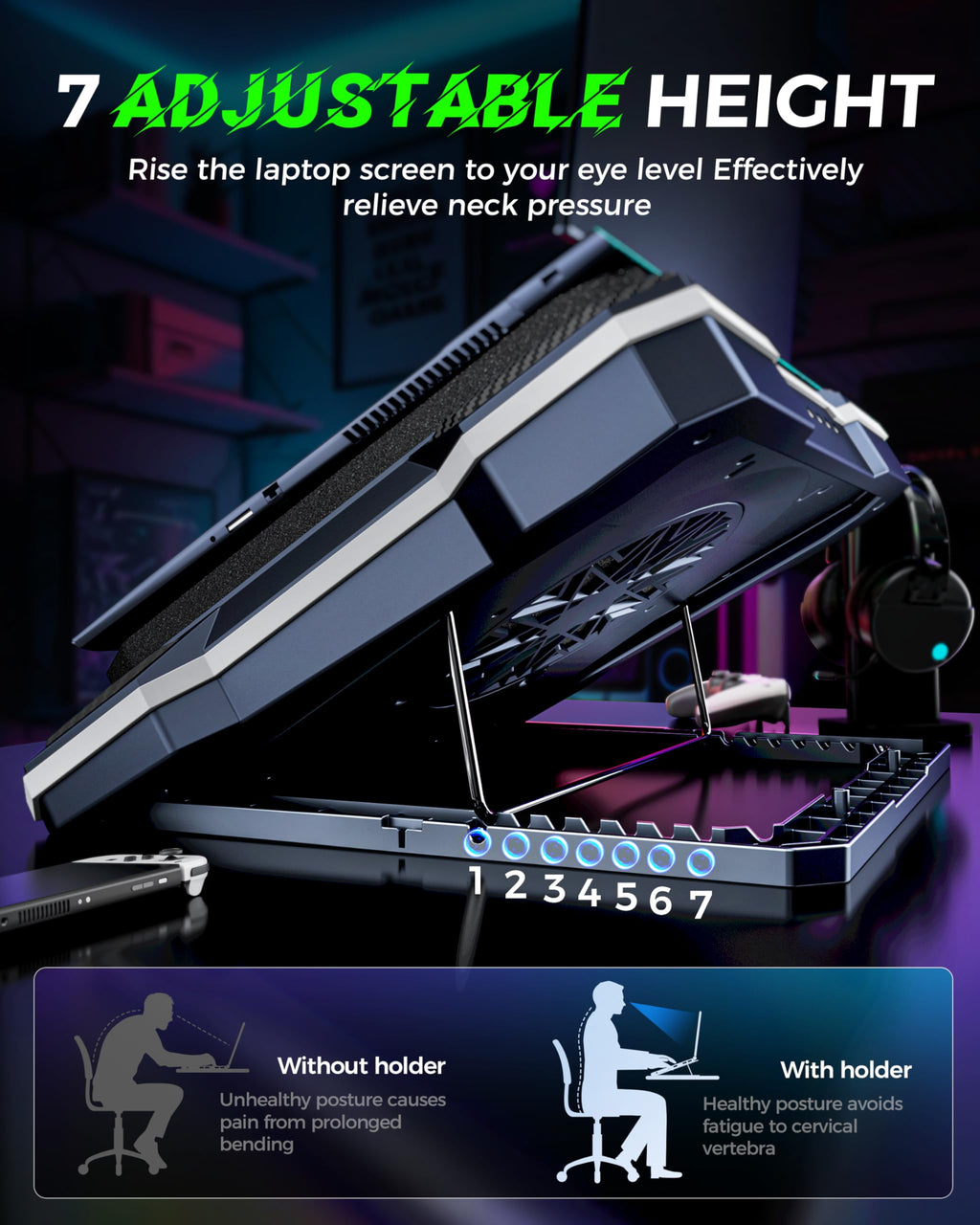 Игровая подставка для ноутбука ChillCore RGB с охлаждением, турбовентилятор 5,5 дюйма, быстрое охлаждение для ноутбуков 15,6-19,3 дюйма, регулировка скорости, 7 регулируемых высот - K1 5V RGB
