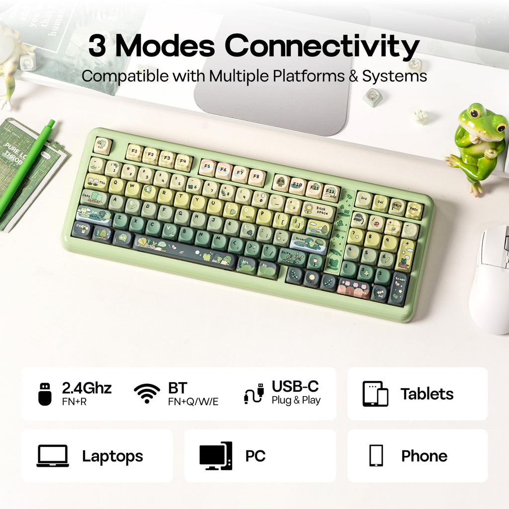 KiiBoom Phantom98 Lite 96% Wireless Mechanical Gaming Keyboard, VIA Programmable, Creamy Keyboard with Gasket, 8000mAh Battery, Hot Swap, RGB Backlits, NKRO for Win/Mac (Green, Mossy Silent Switch)
